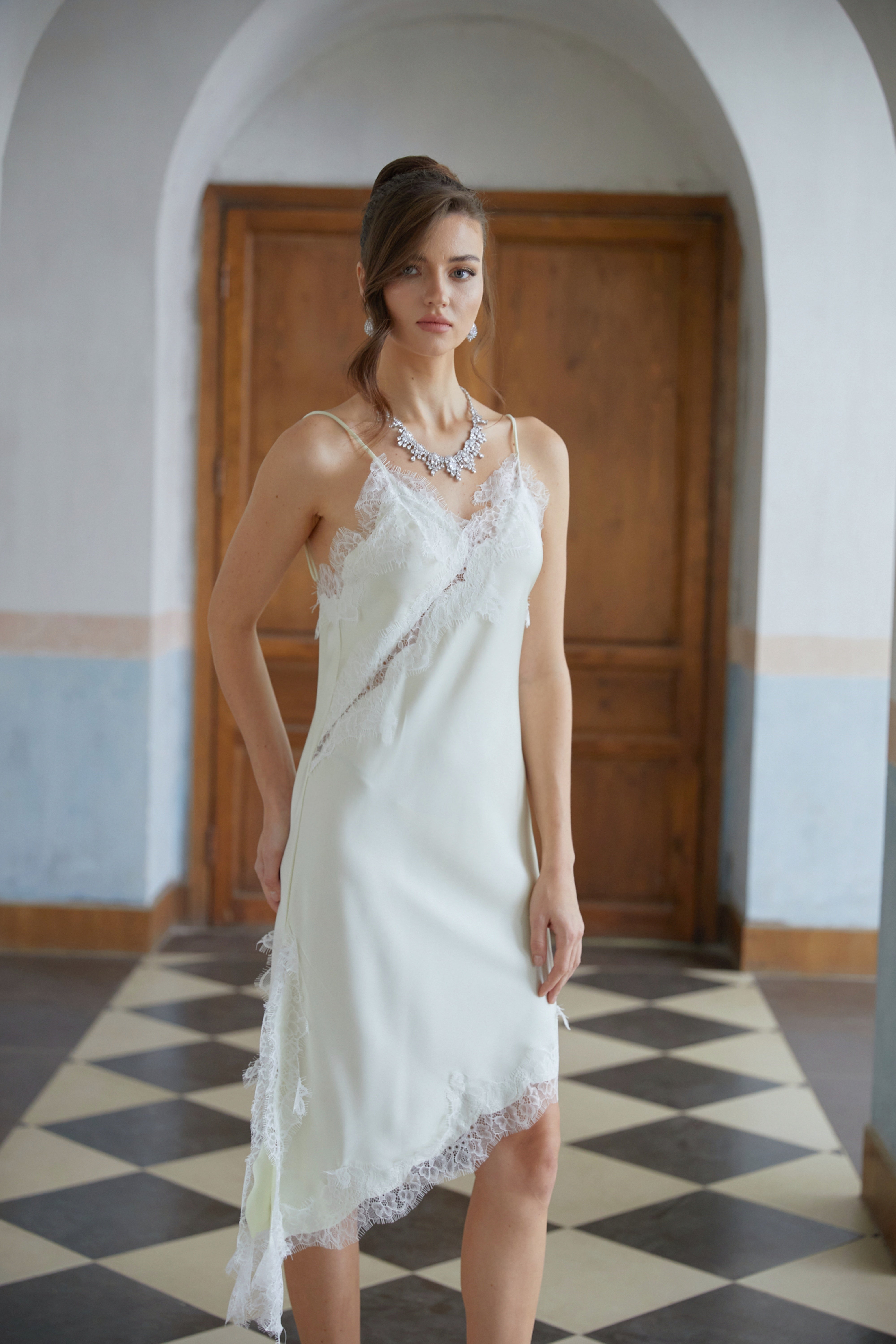 Méabh Neutral Lace Panel Satin Midi Dress