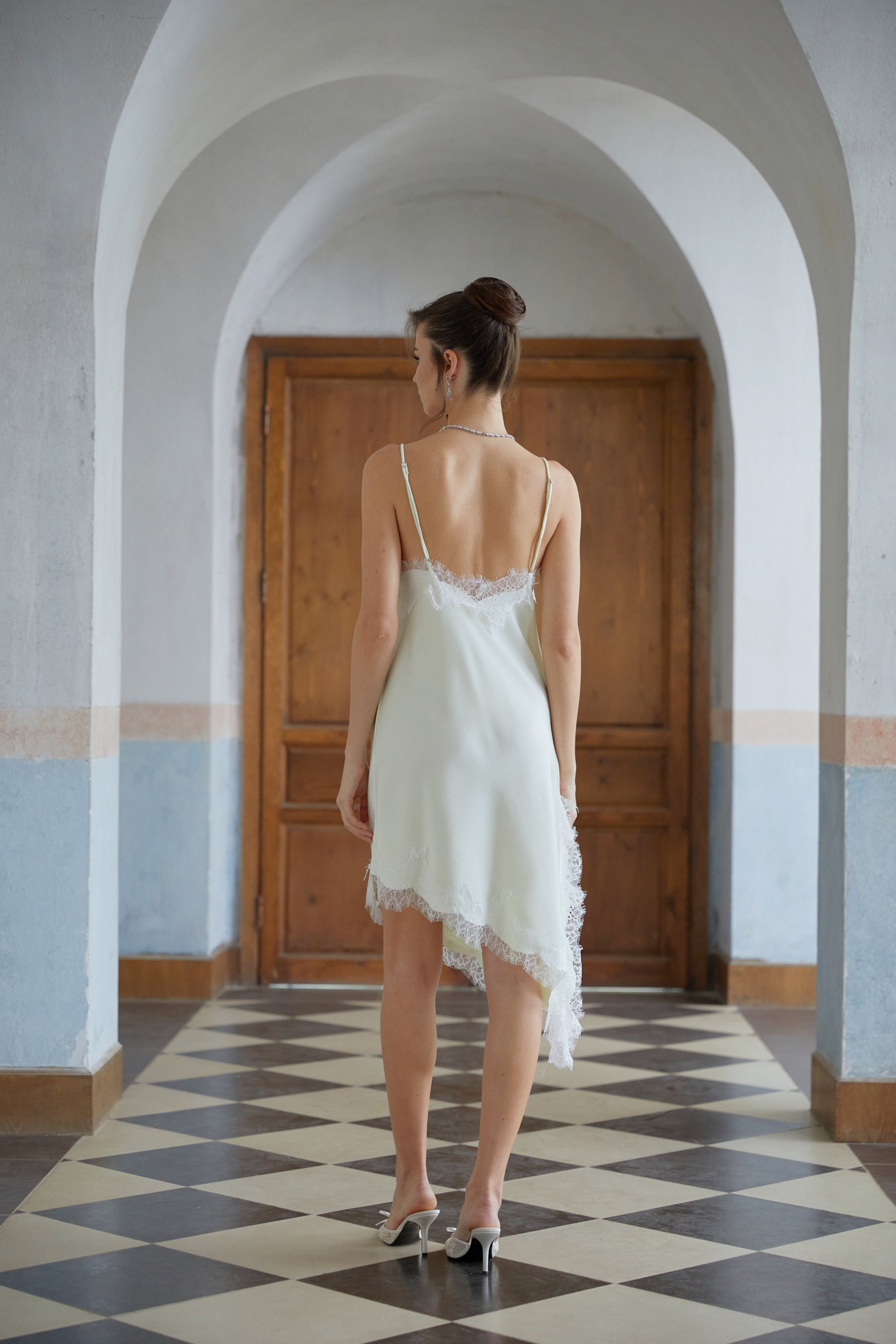 Méabh Neutral Lace Panel Satin Midi Dress