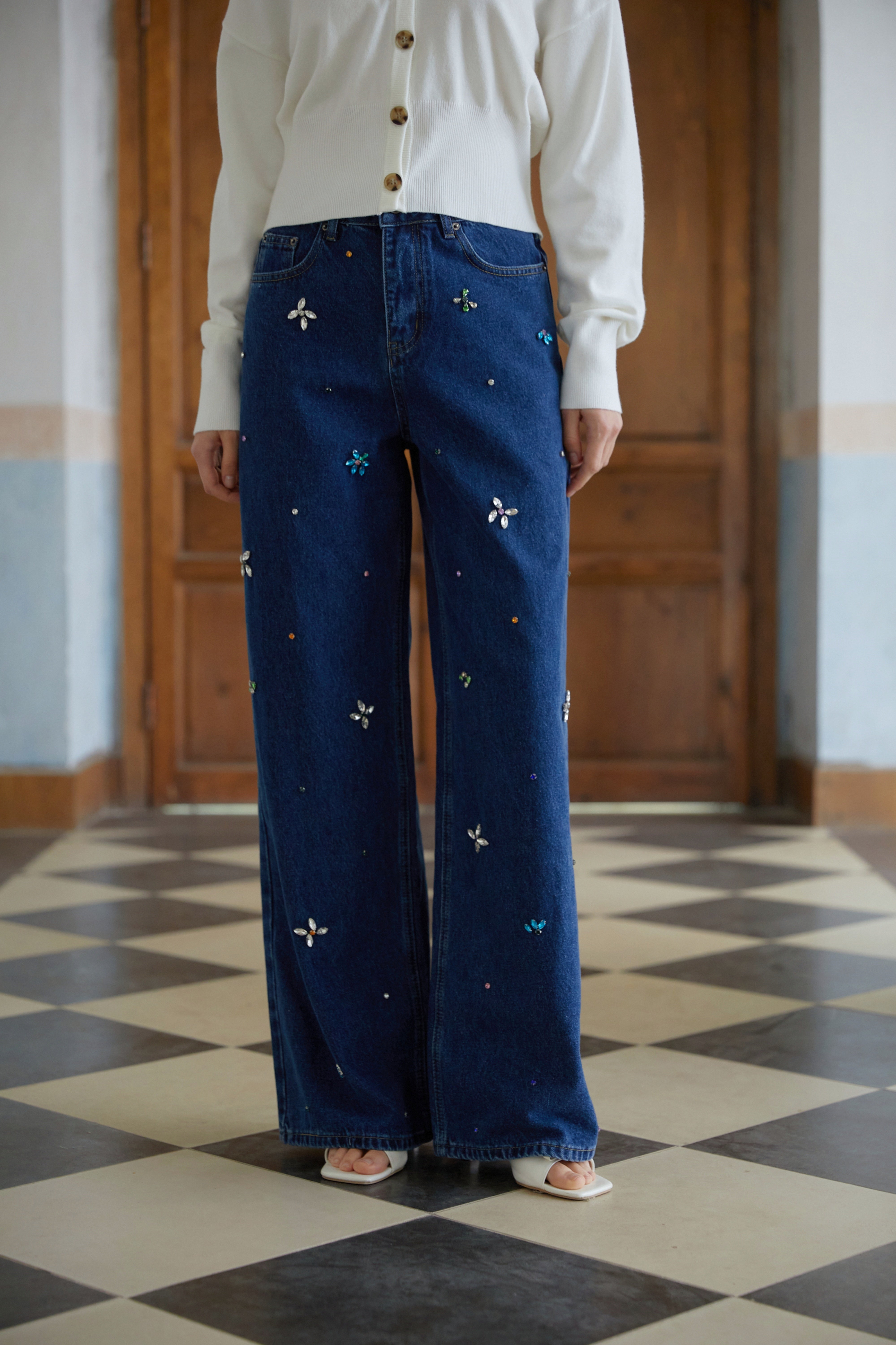 Caoimhe Indigo Blue Crystal Floral Jeans