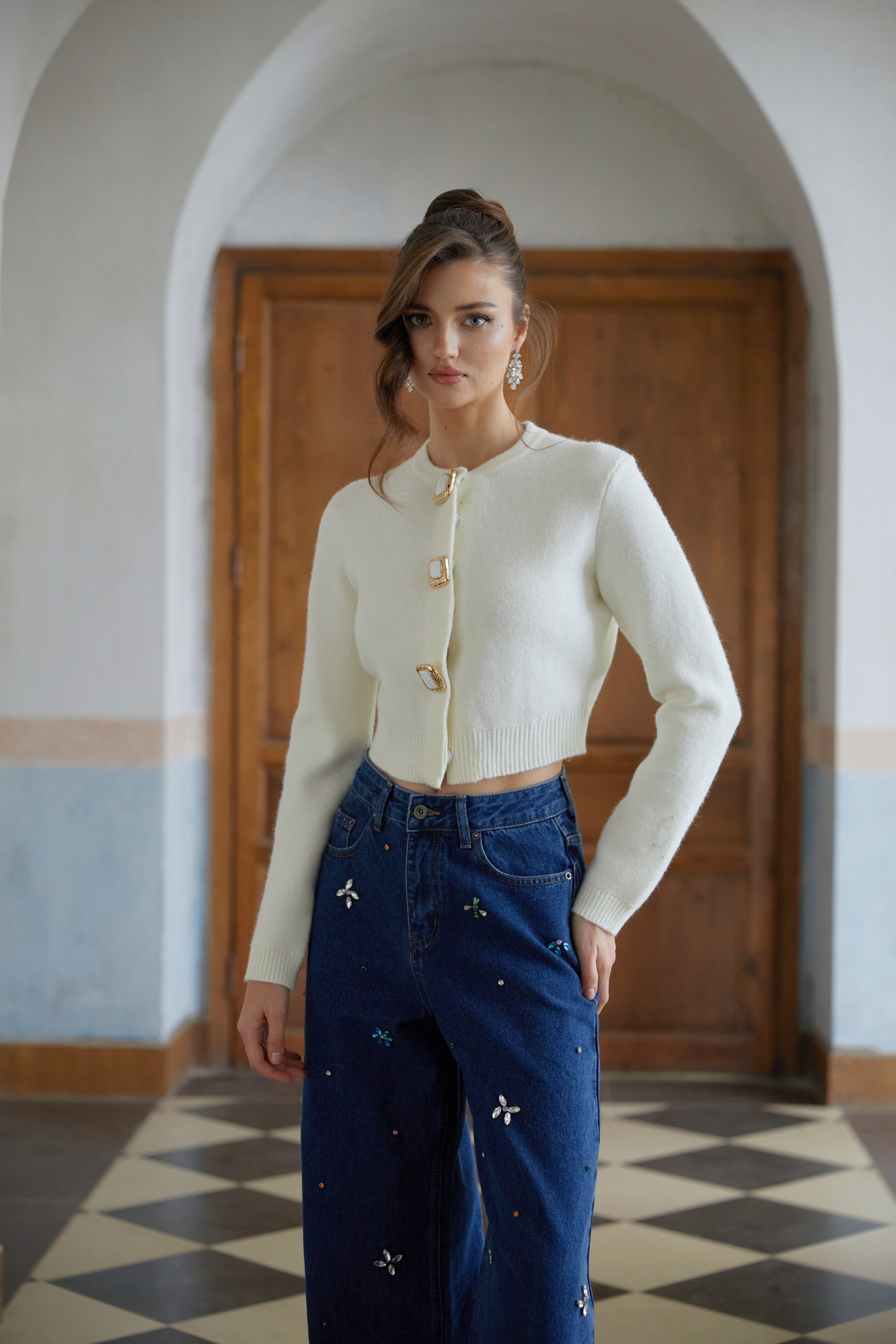 Liliana White Cropped Knit Cardigan