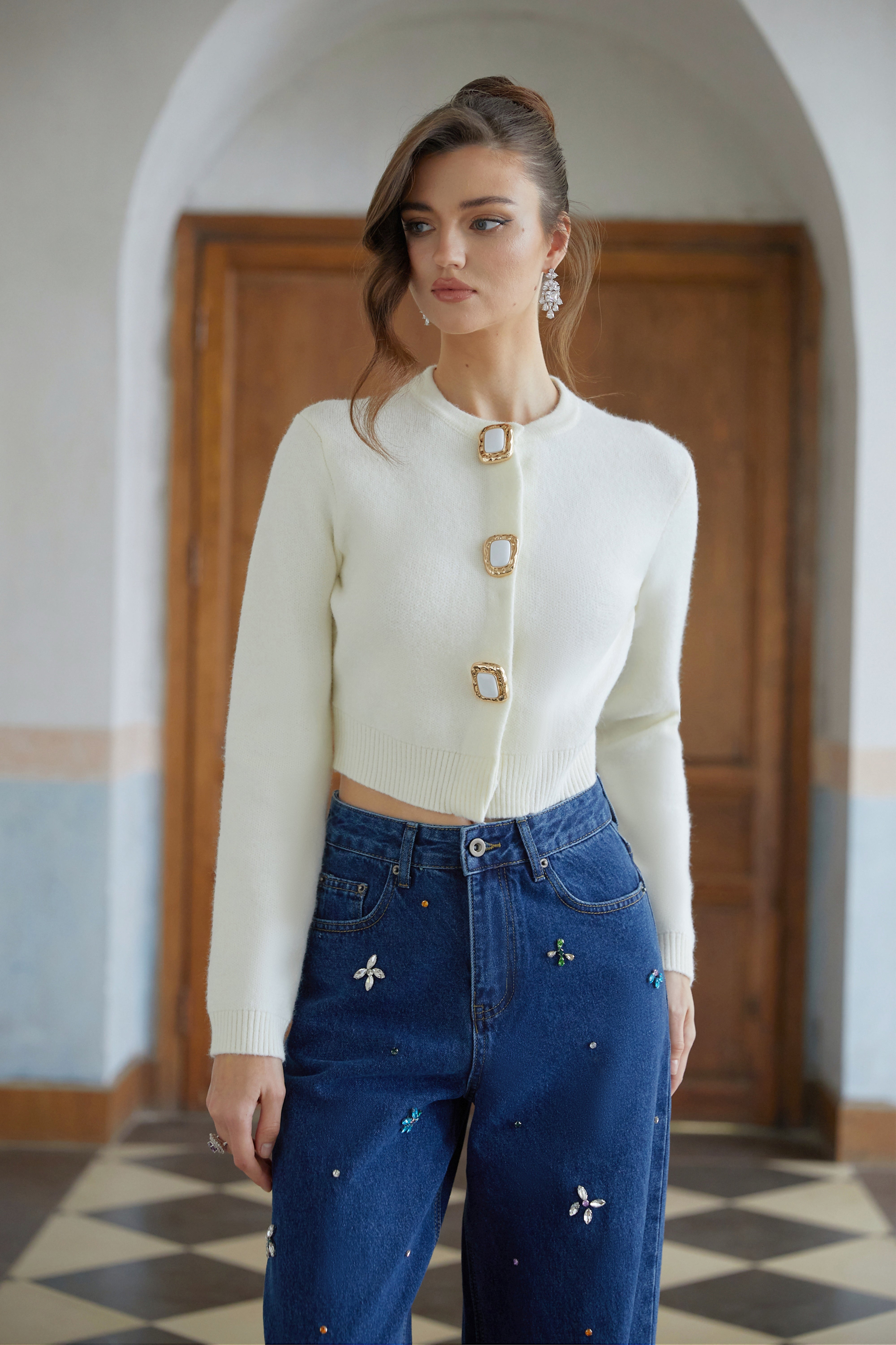 Liliana White Cropped Knit Cardigan