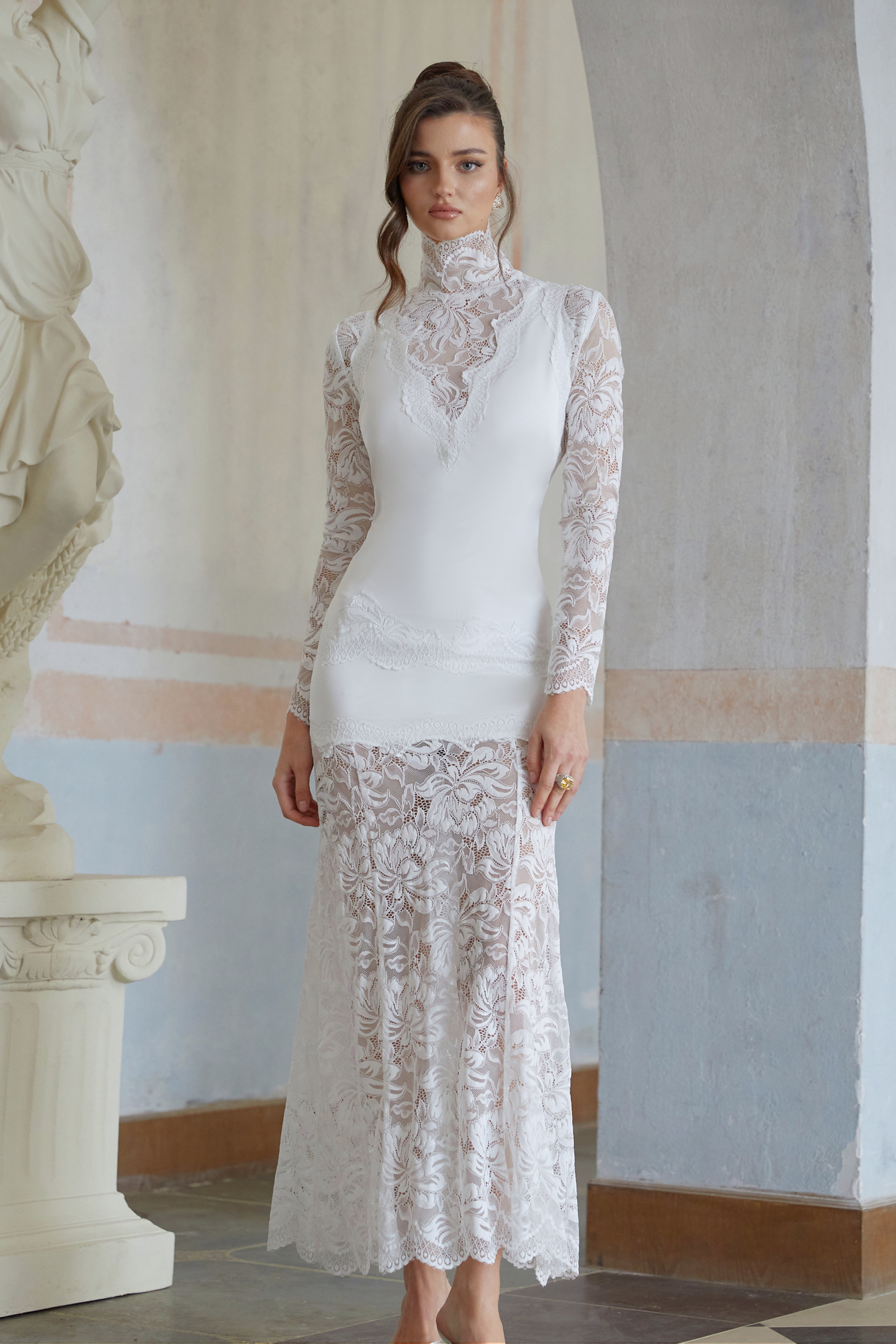 Airelle White Satin Panel Lace Maxi Dress