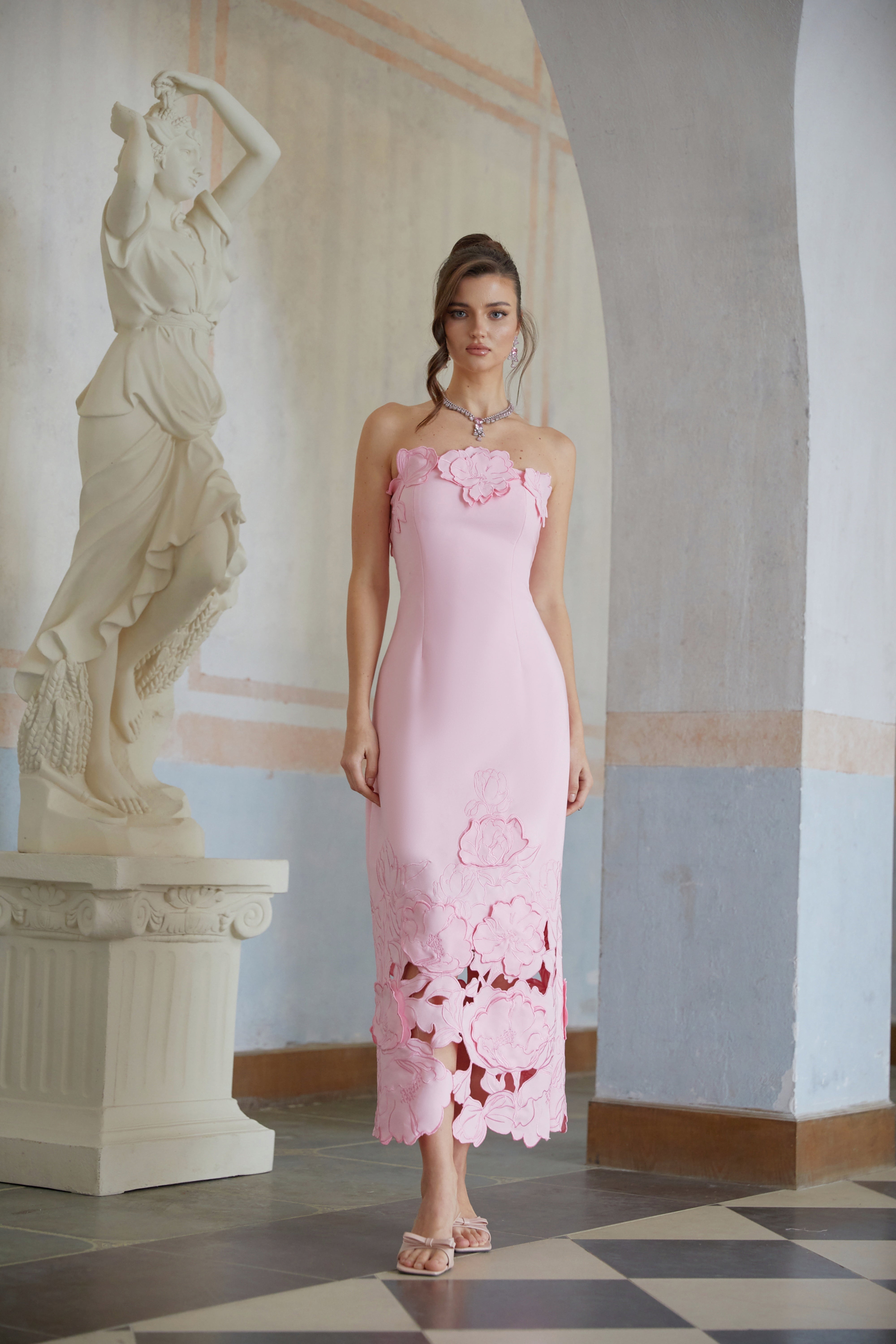 Inga Pink Strapless Floral Embroidered Maxi Dress