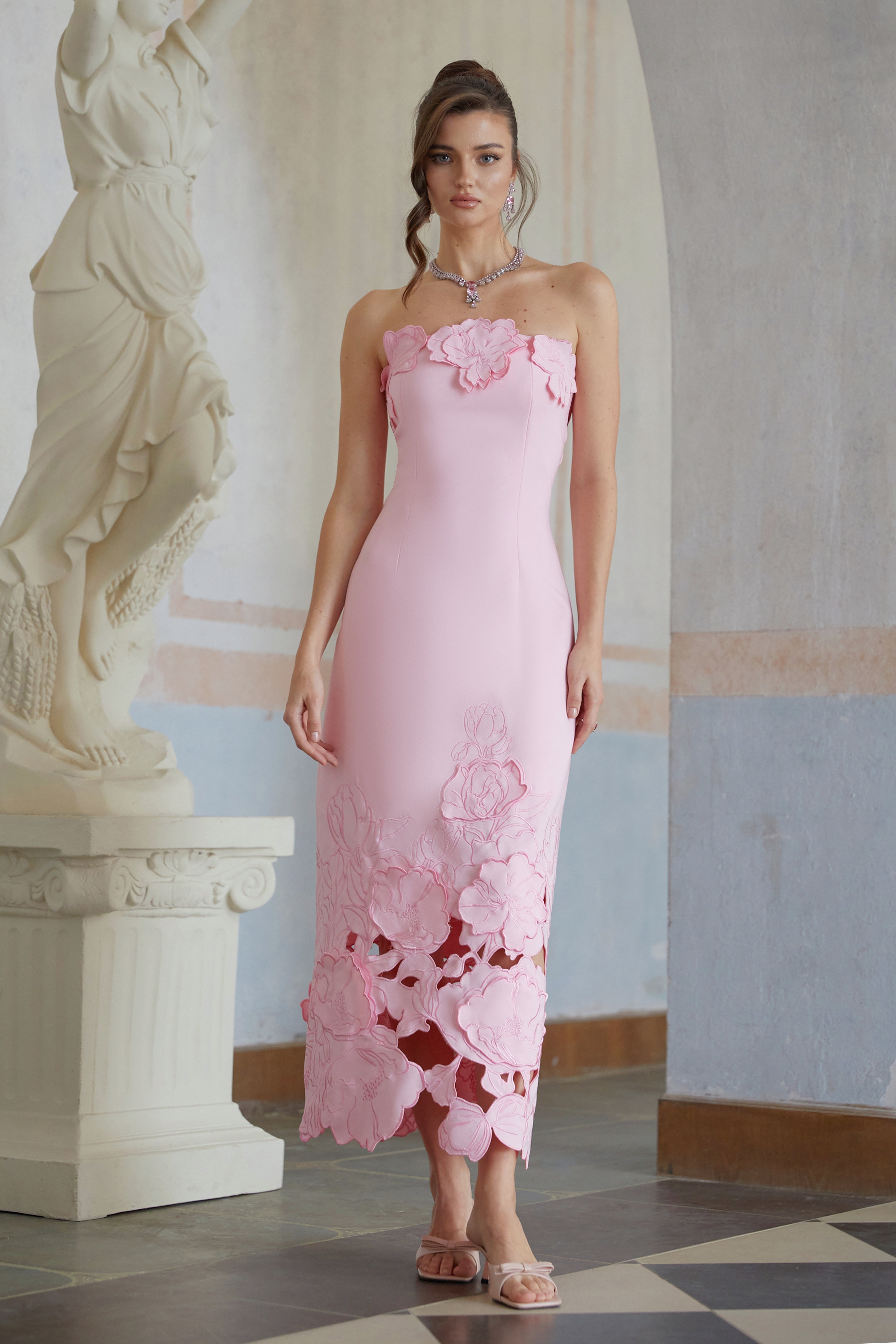 Inga Pink Strapless Floral Embroidered Maxi Dress