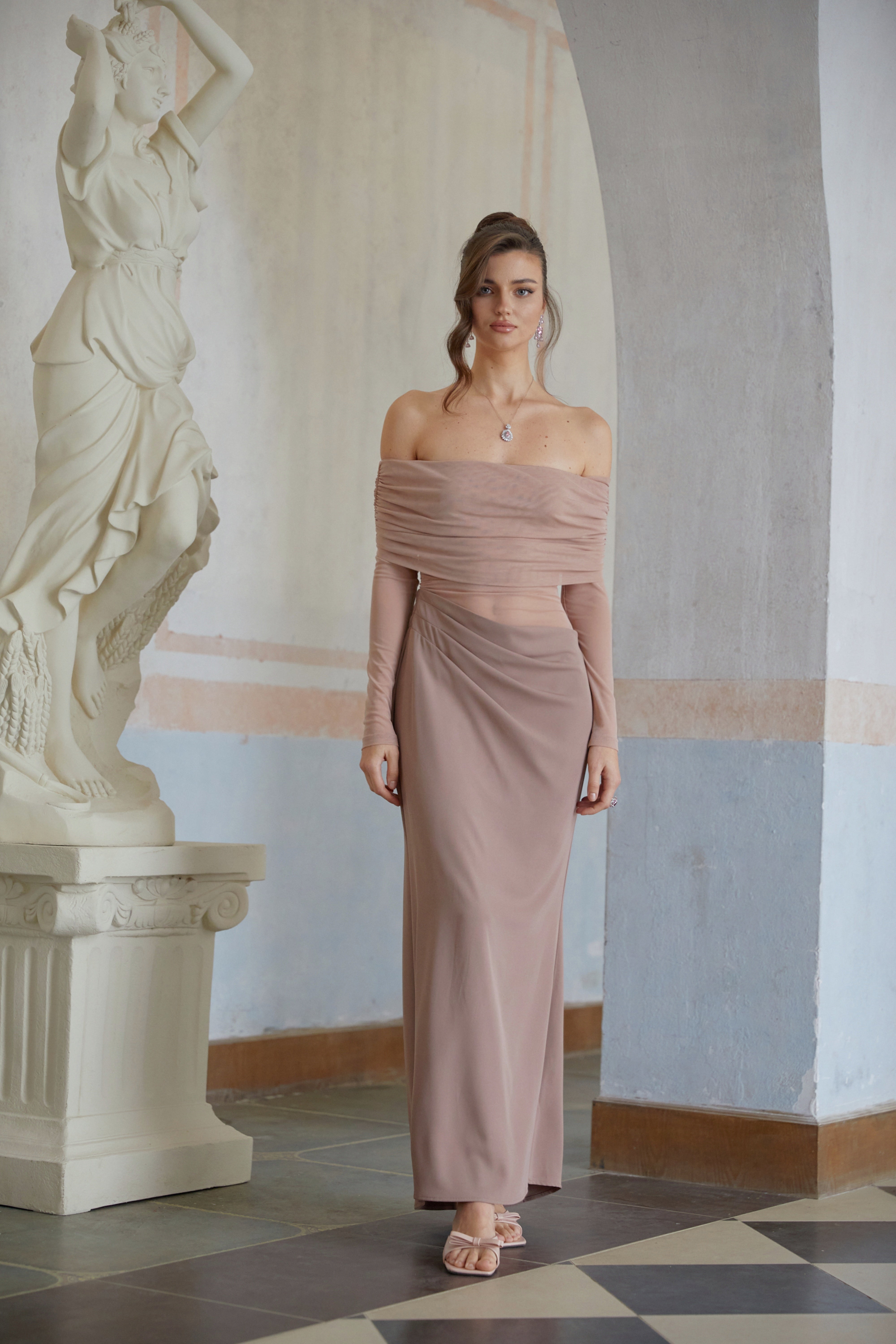 Estelle Pink Mesh Panel Ruched Maxi Dress