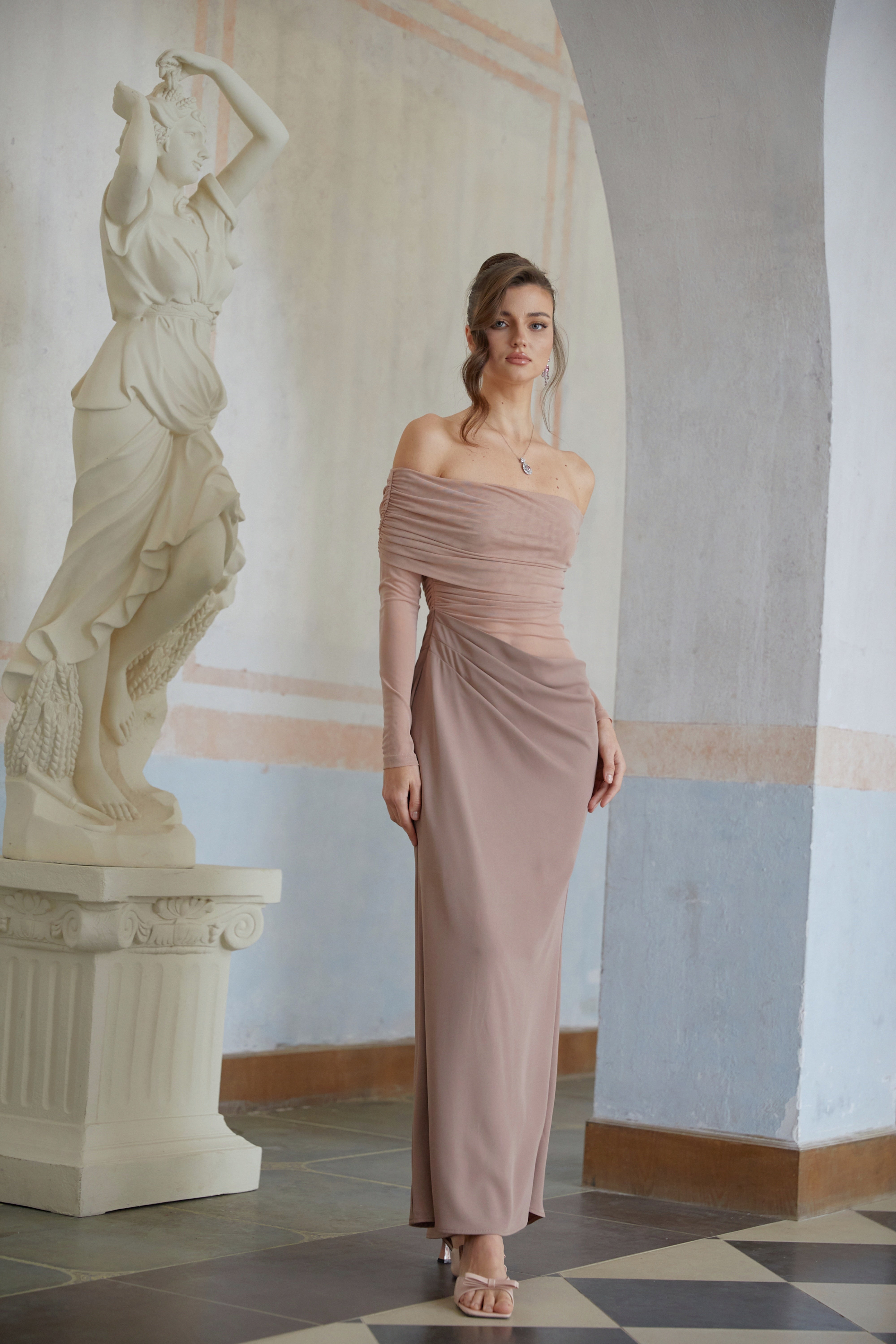 Estelle Pink Mesh Panel Ruched Maxi Dress