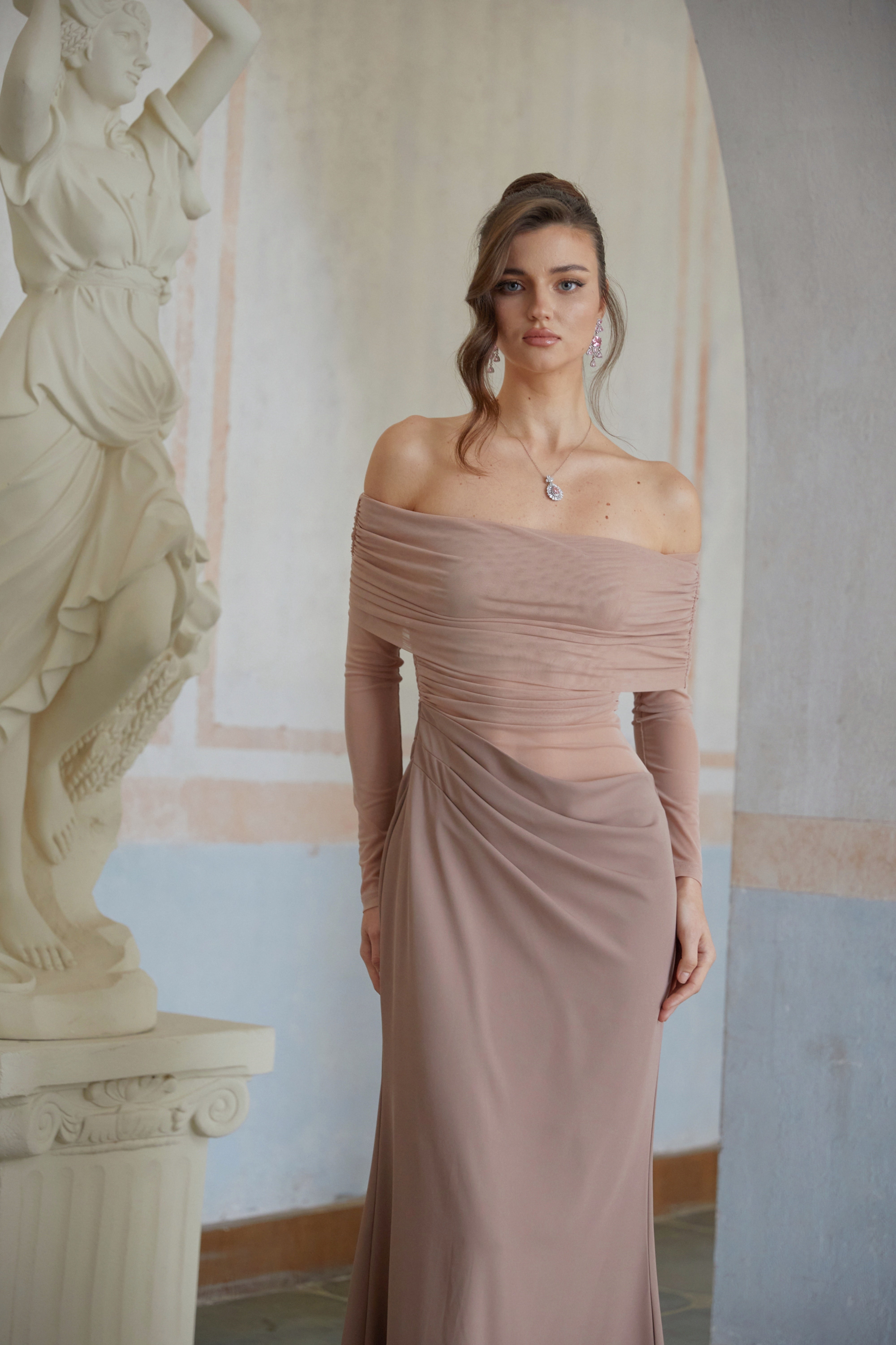 Estelle Pink Mesh Panel Ruched Maxi Dress