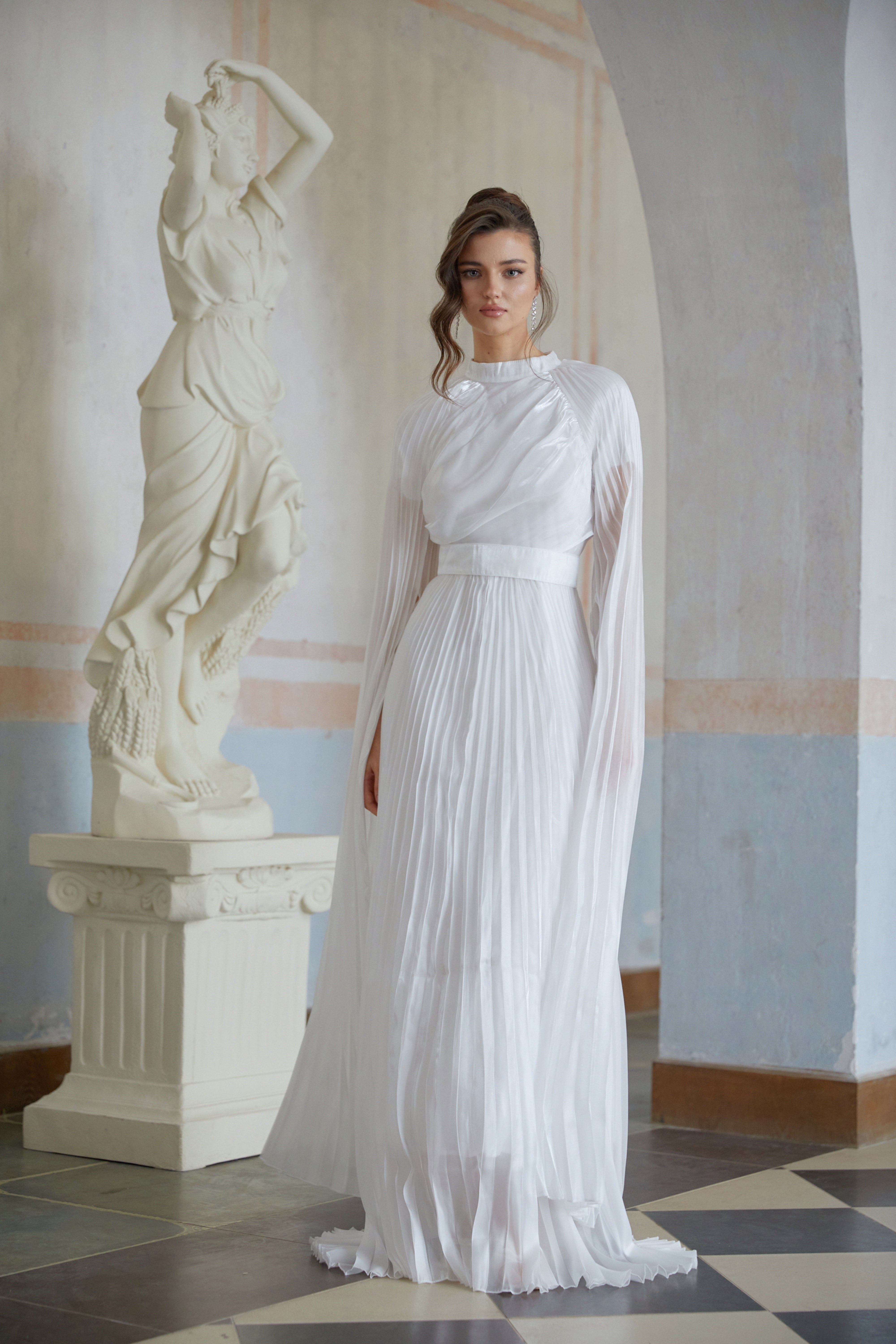 Croía White Glossy Panel Pleated Maxi Dress