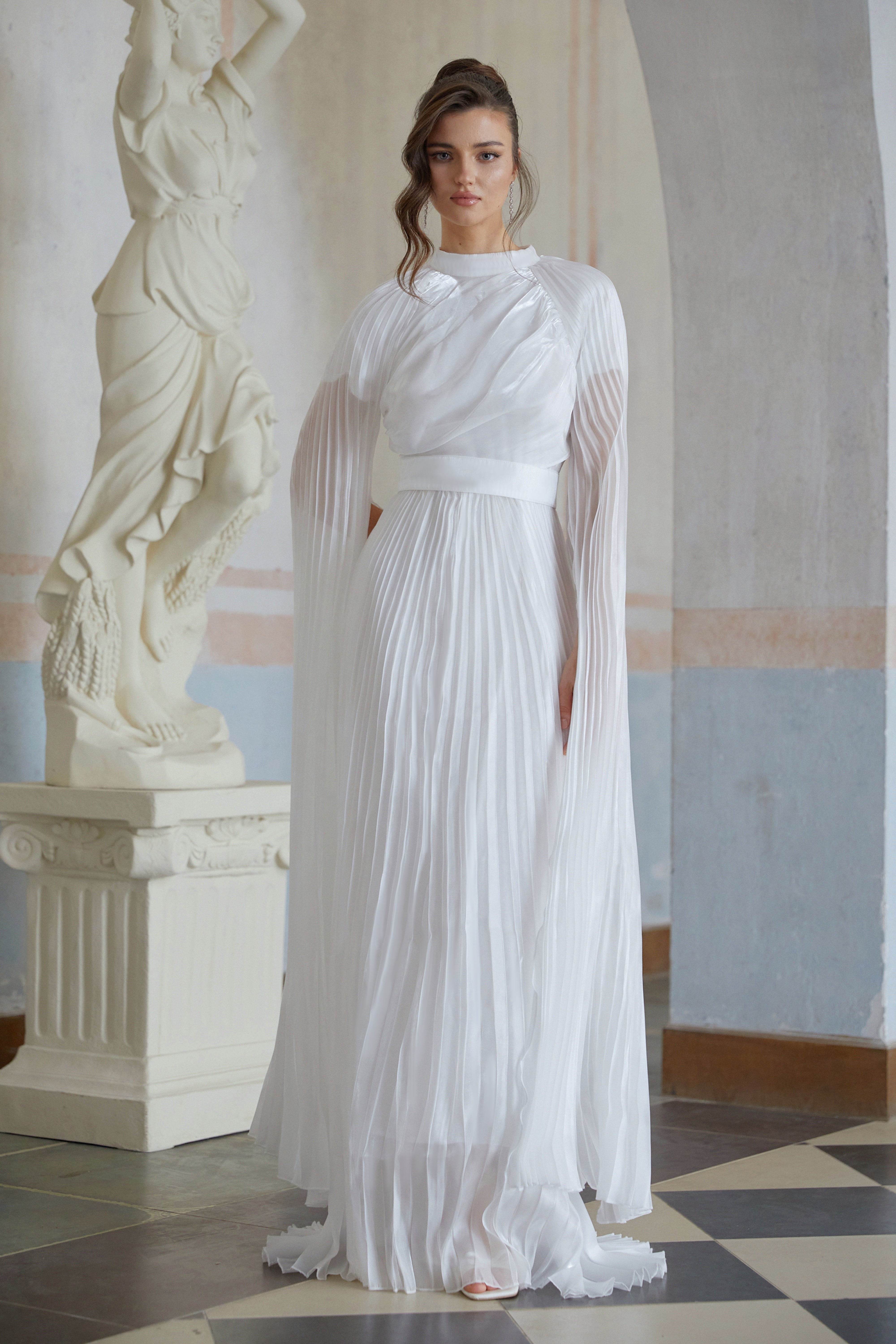 Croía White Glossy Panel Pleated Maxi Dress