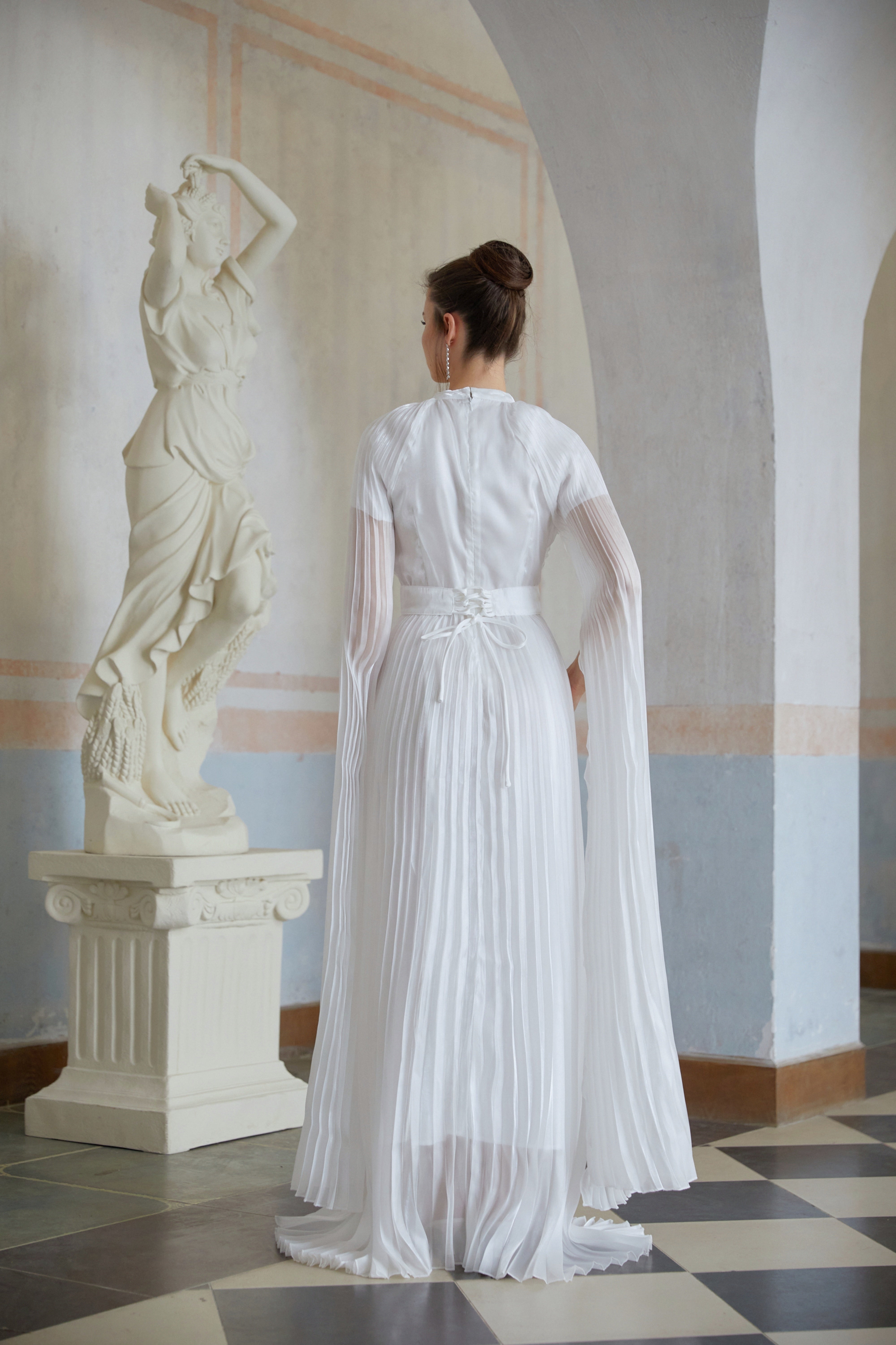 Croía White Glossy Panel Pleated Maxi Dress