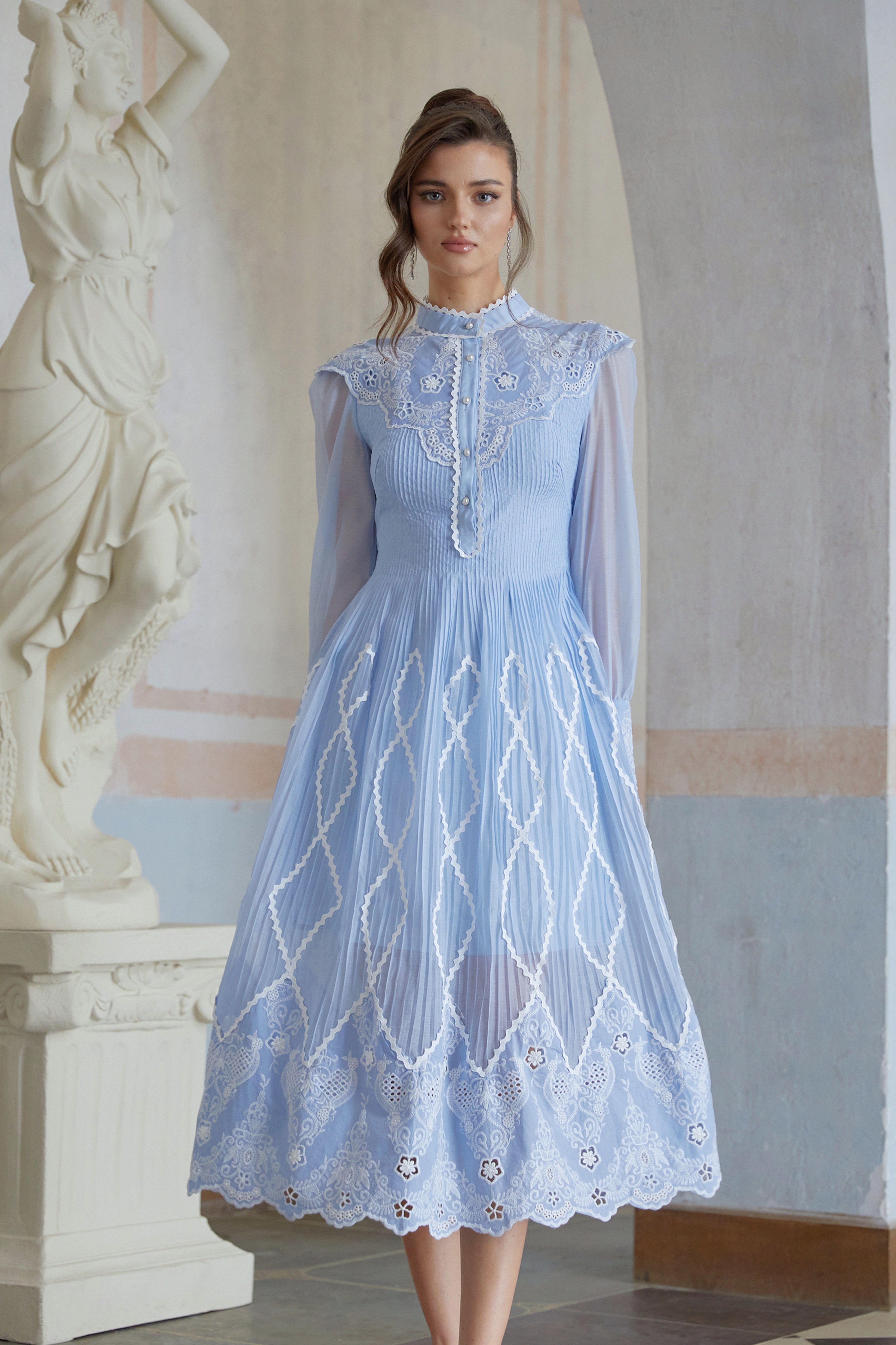 Francesca Blue Lace Trim Pleated Midi Dress