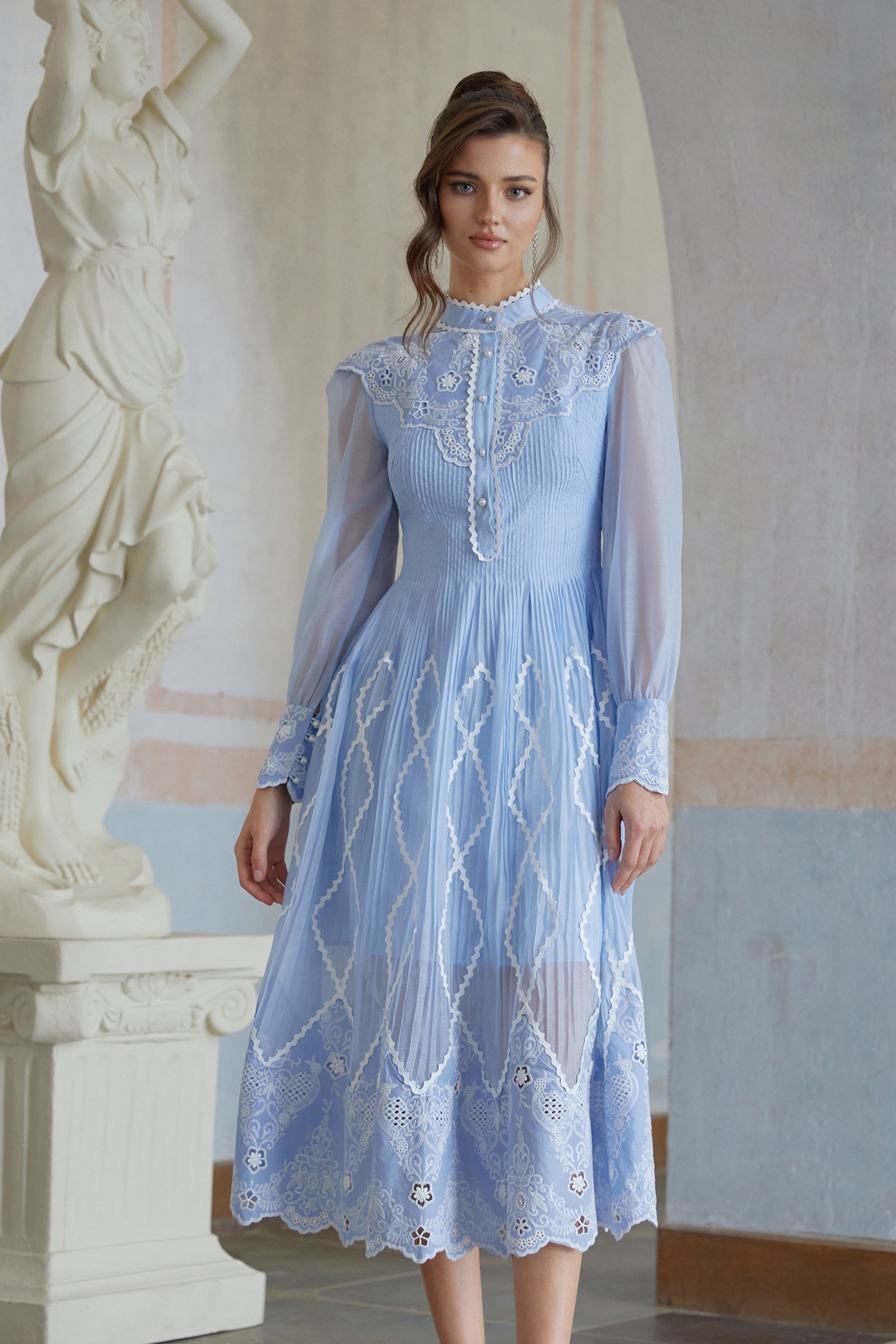 Francesca Blue Lace Trim Pleated Midi Dress