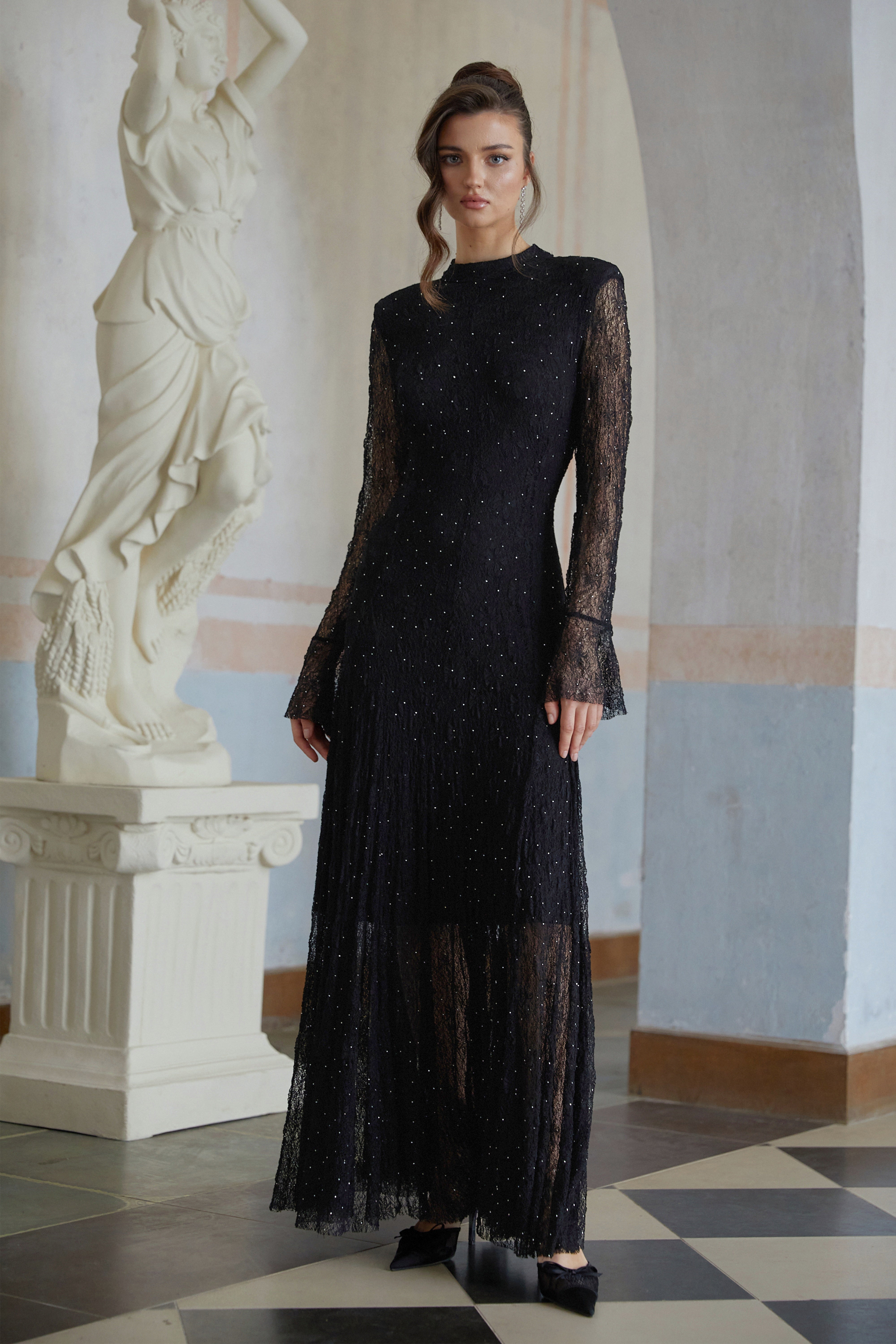 Justyna Black Rhinestone Guipure Lace Maxi Dress