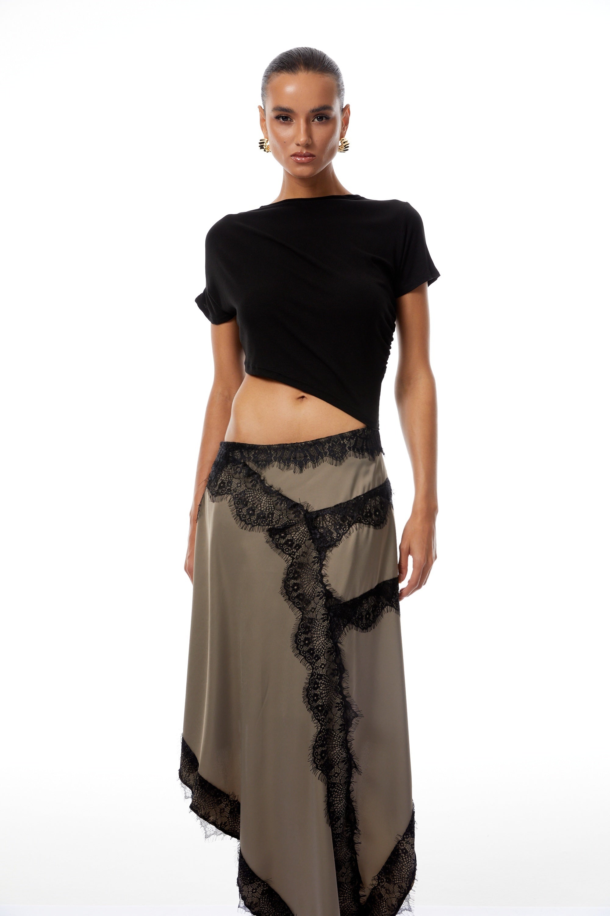 Fiamma Black Gathered Lace Panel Maxi Dress