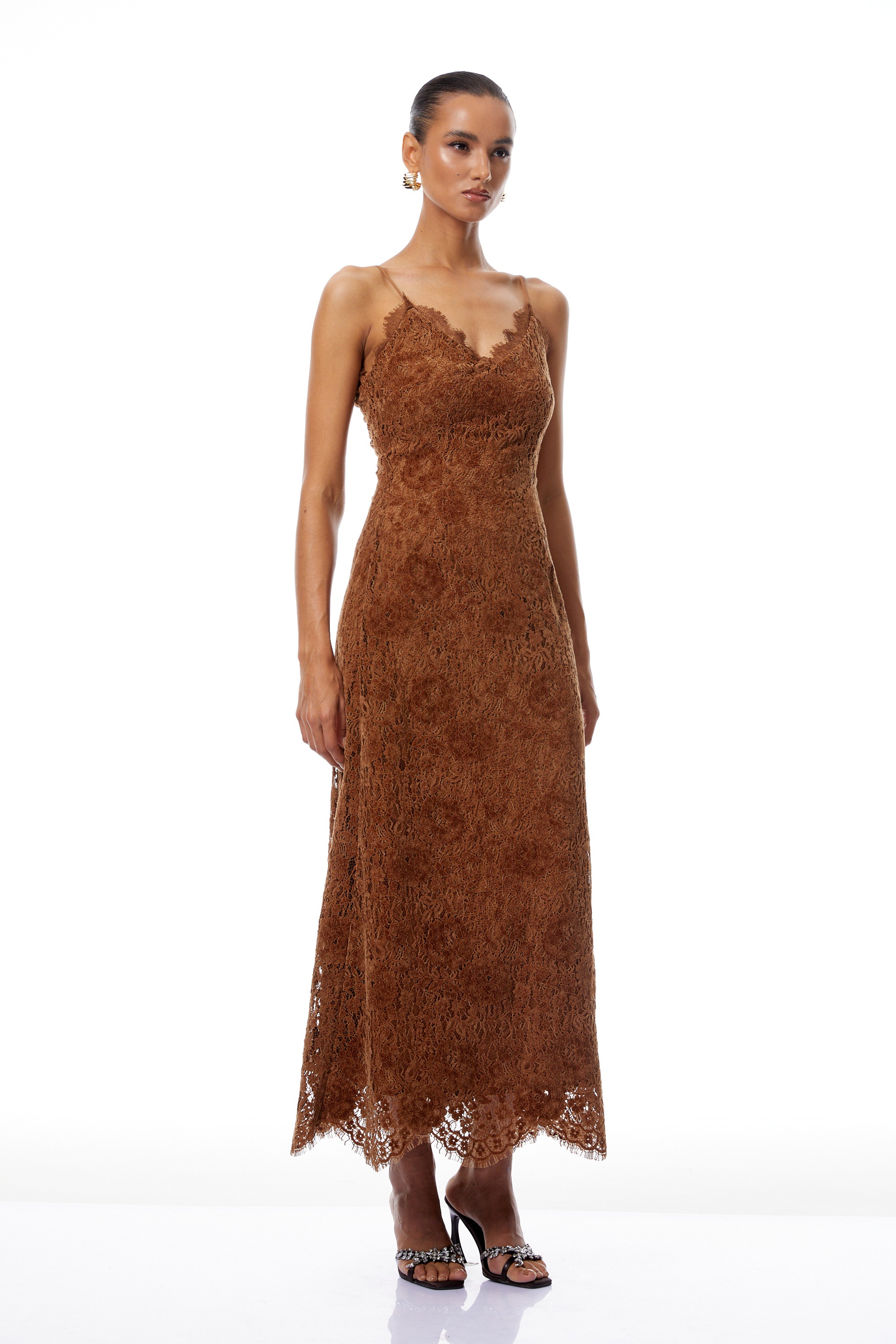 Estrid Brown Maxikleid aus beflockter Blumenspitze