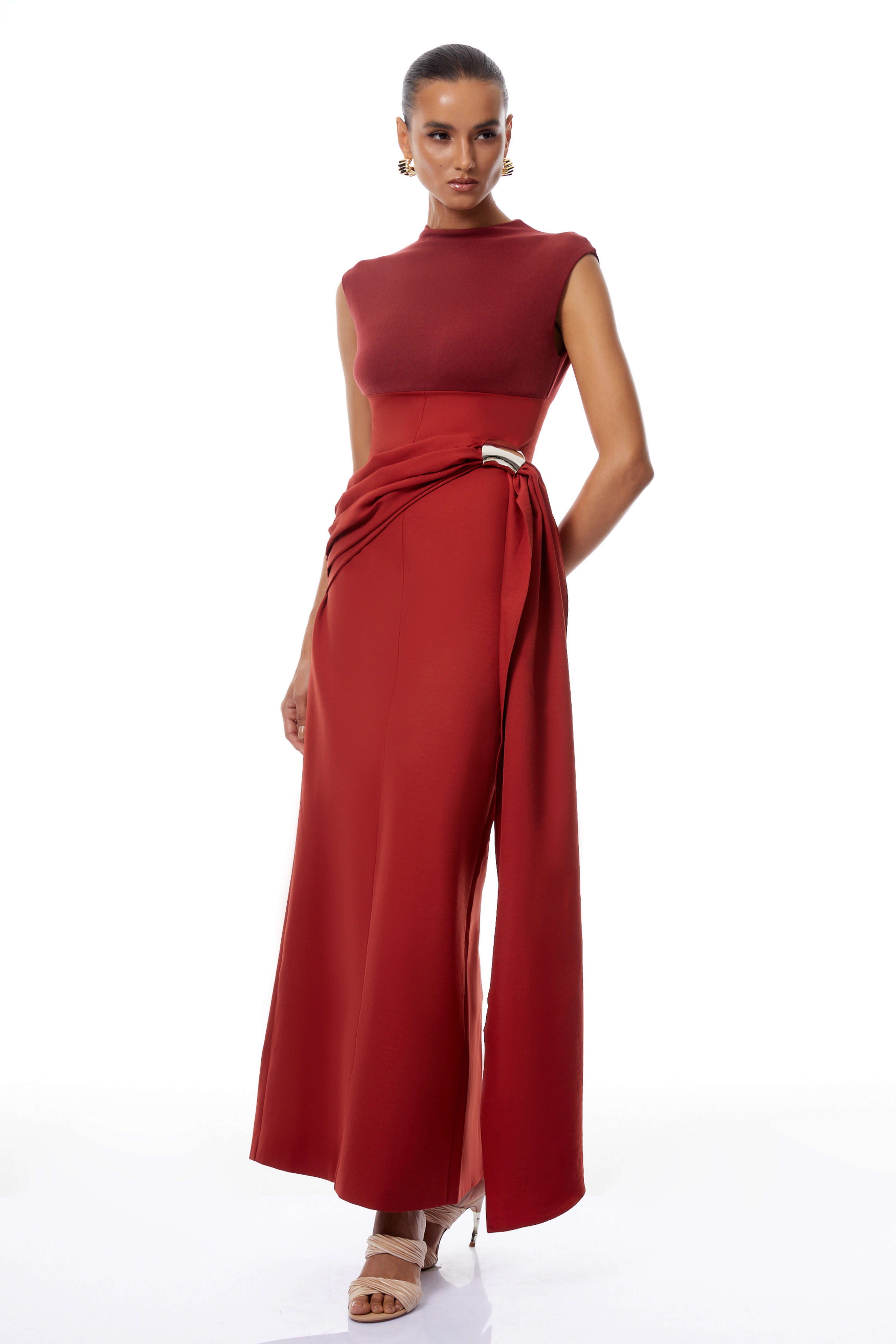 Arna Red Knit Panel Gathered Maxi Dress