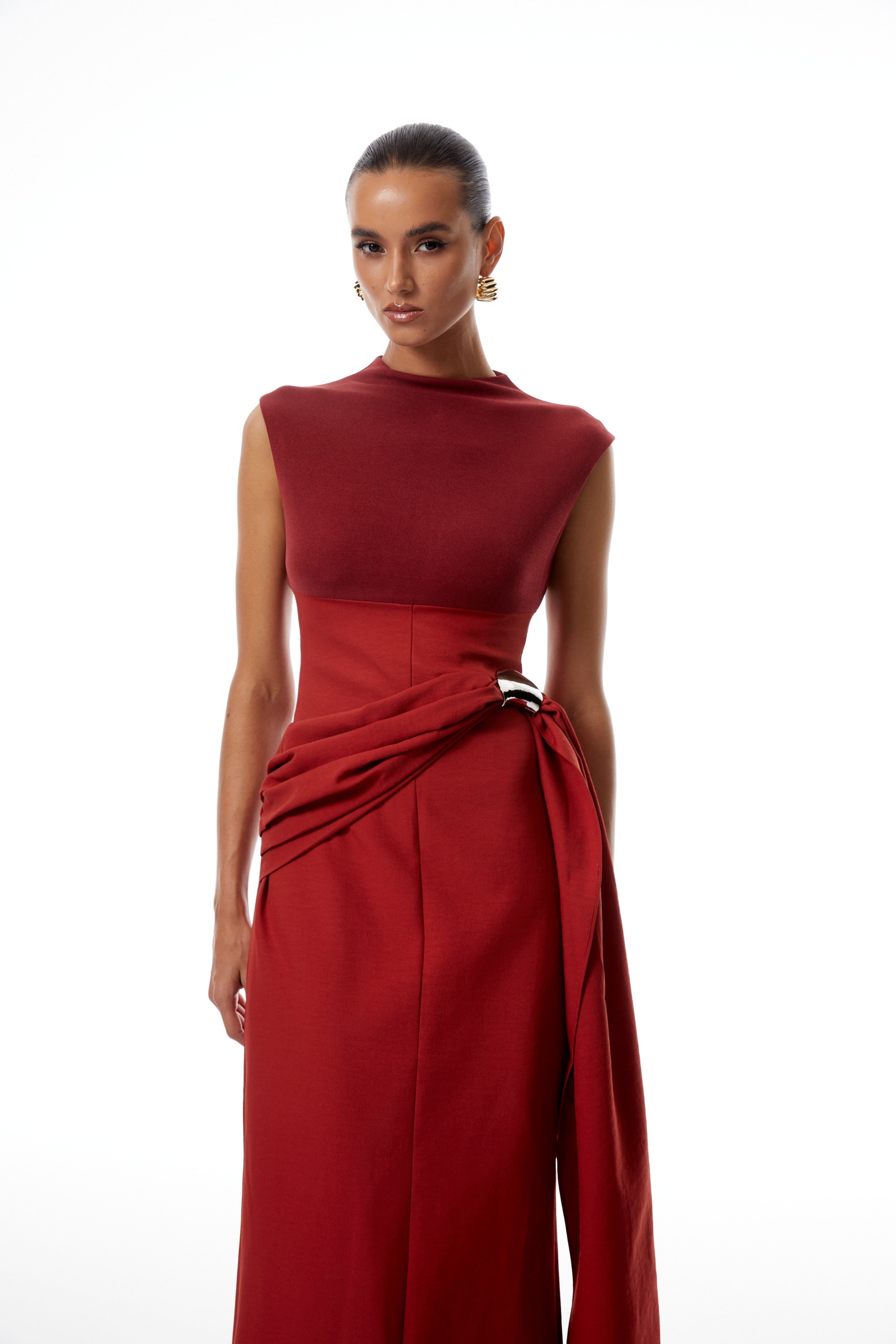 Arna Red Knit Panel Gathered Maxi Dress