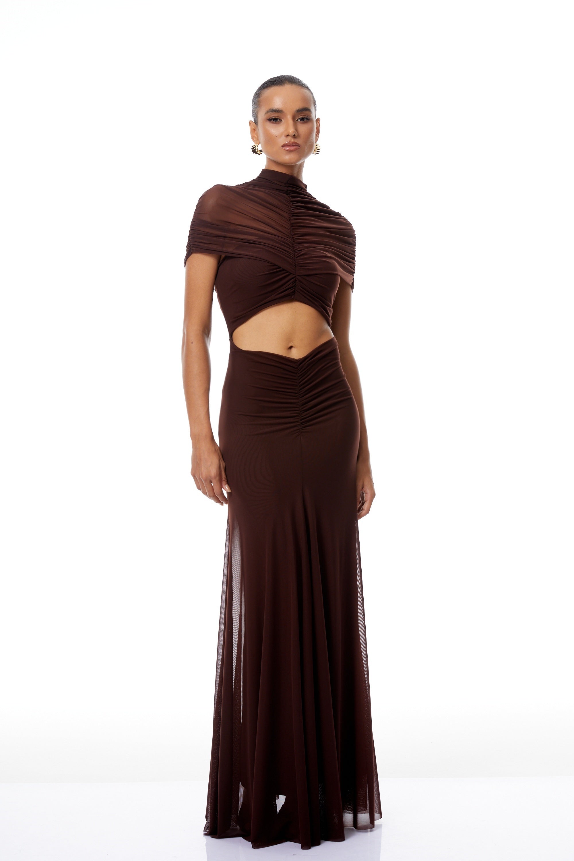 Bruna Cut-Out Ruched Mesh Maxi Dress