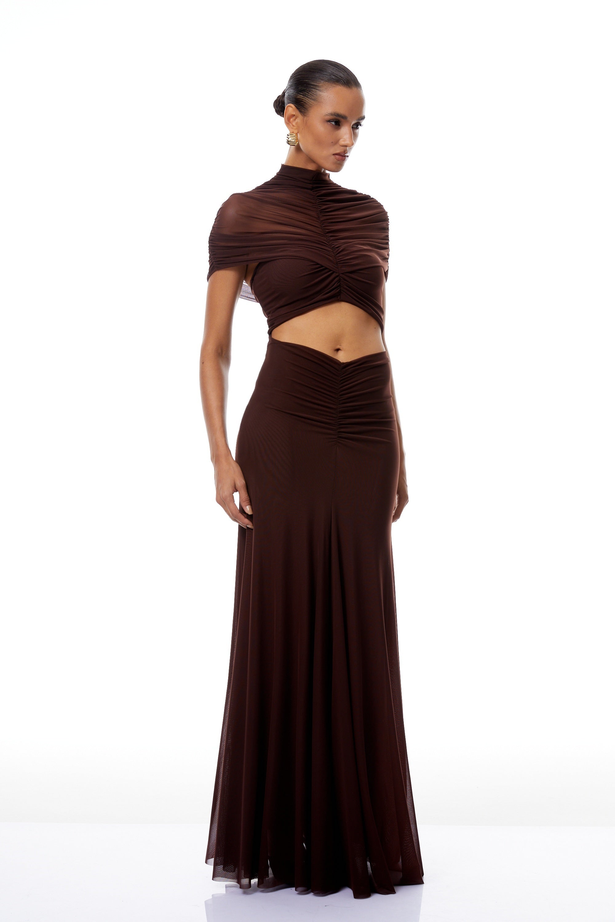 Bruna Cut-Out Ruched Mesh Maxi Dress