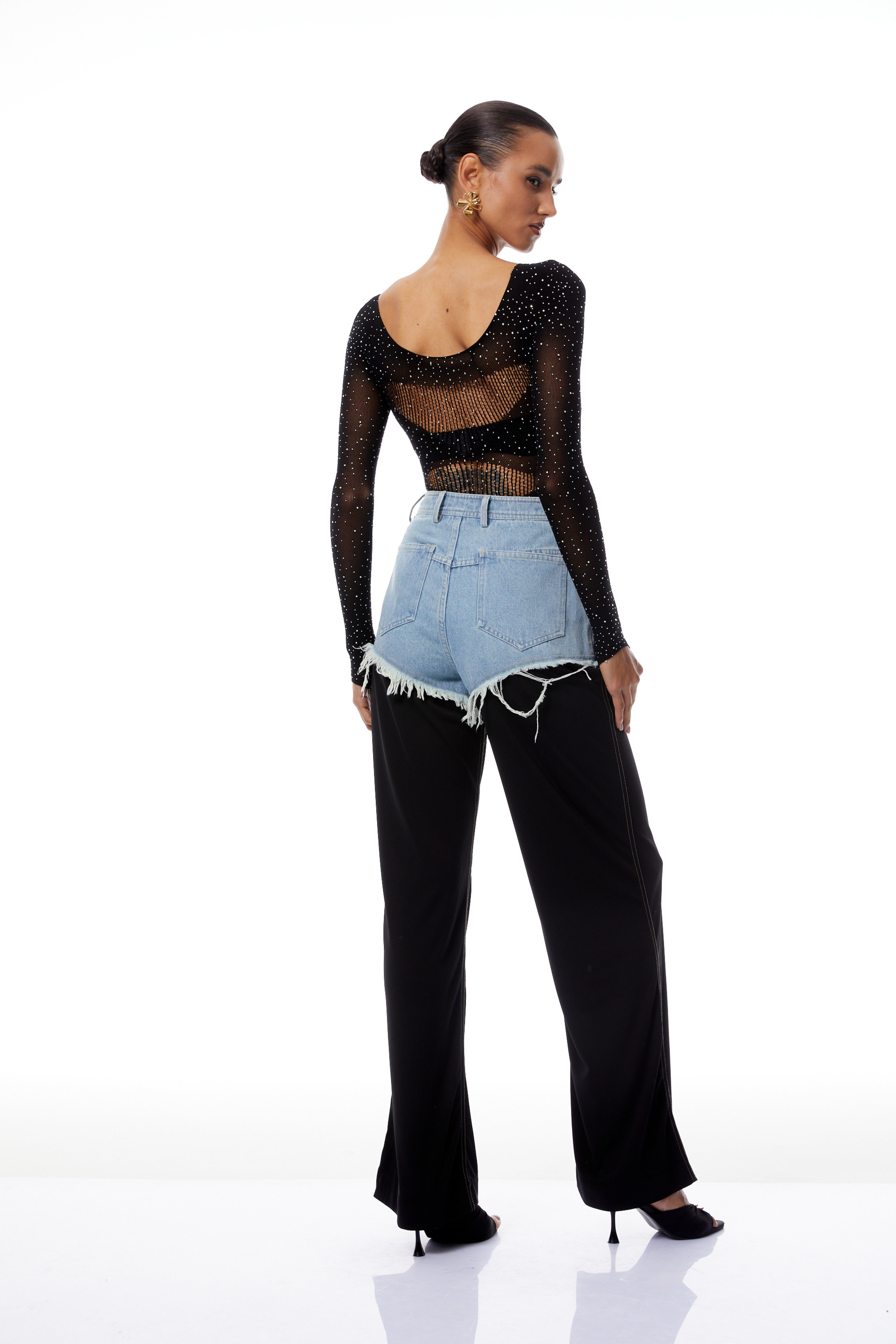 Jovie schwarzer Strass-Pointelle-Strickbody