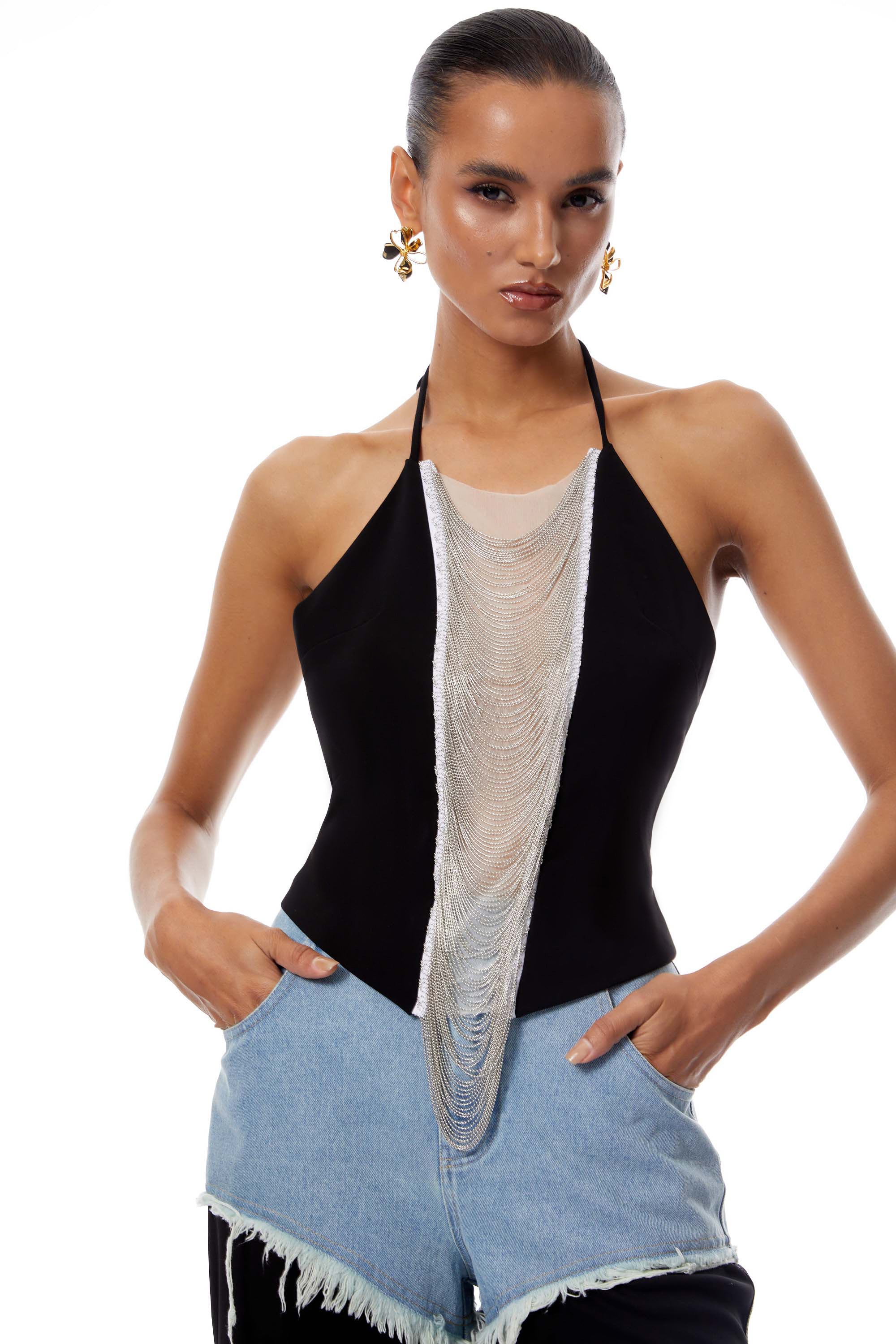 Carla Schwarzes Neckholder-Crop-Top mit Fransen