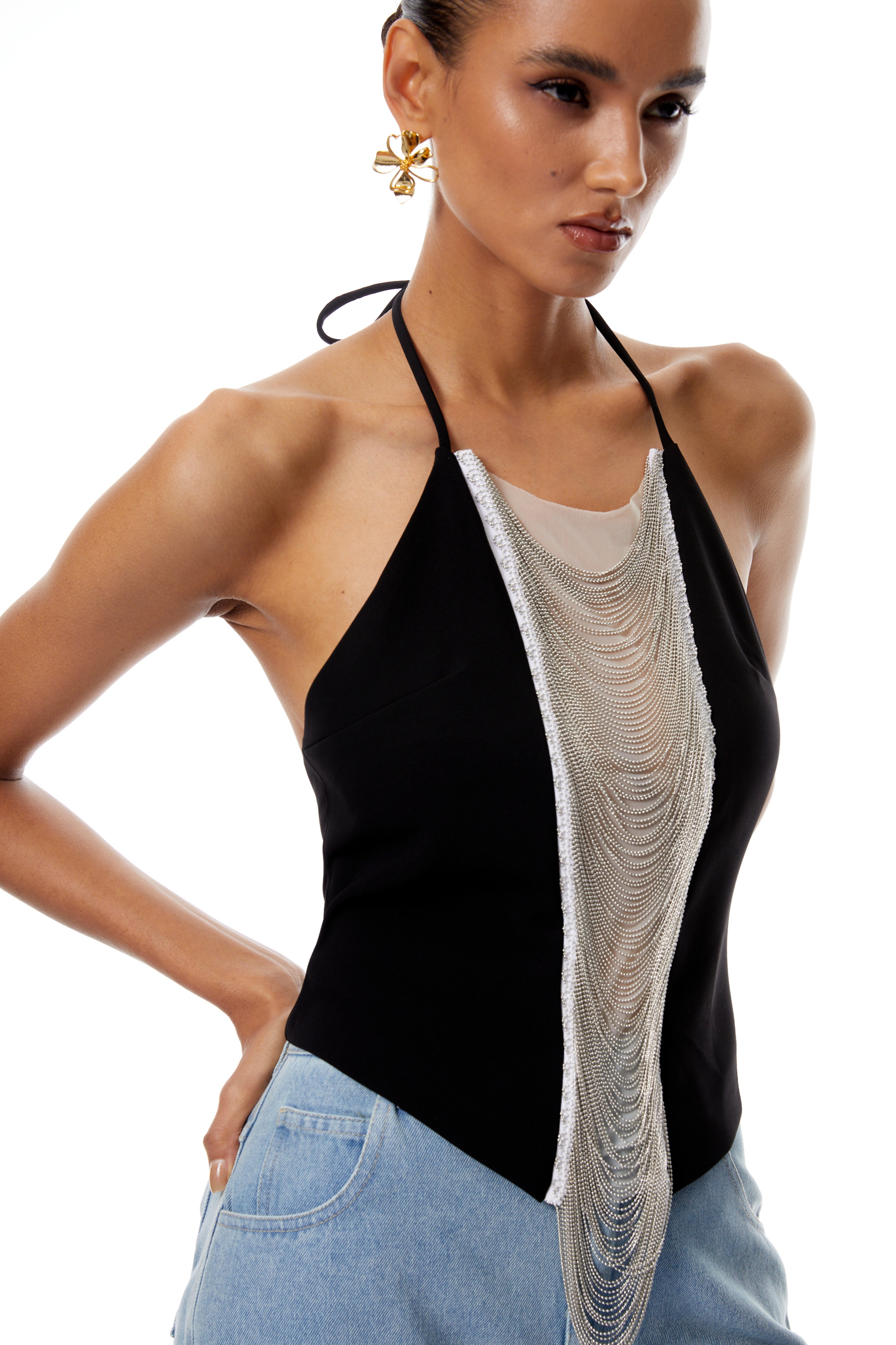 Carla Schwarzes Neckholder-Crop-Top mit Fransen