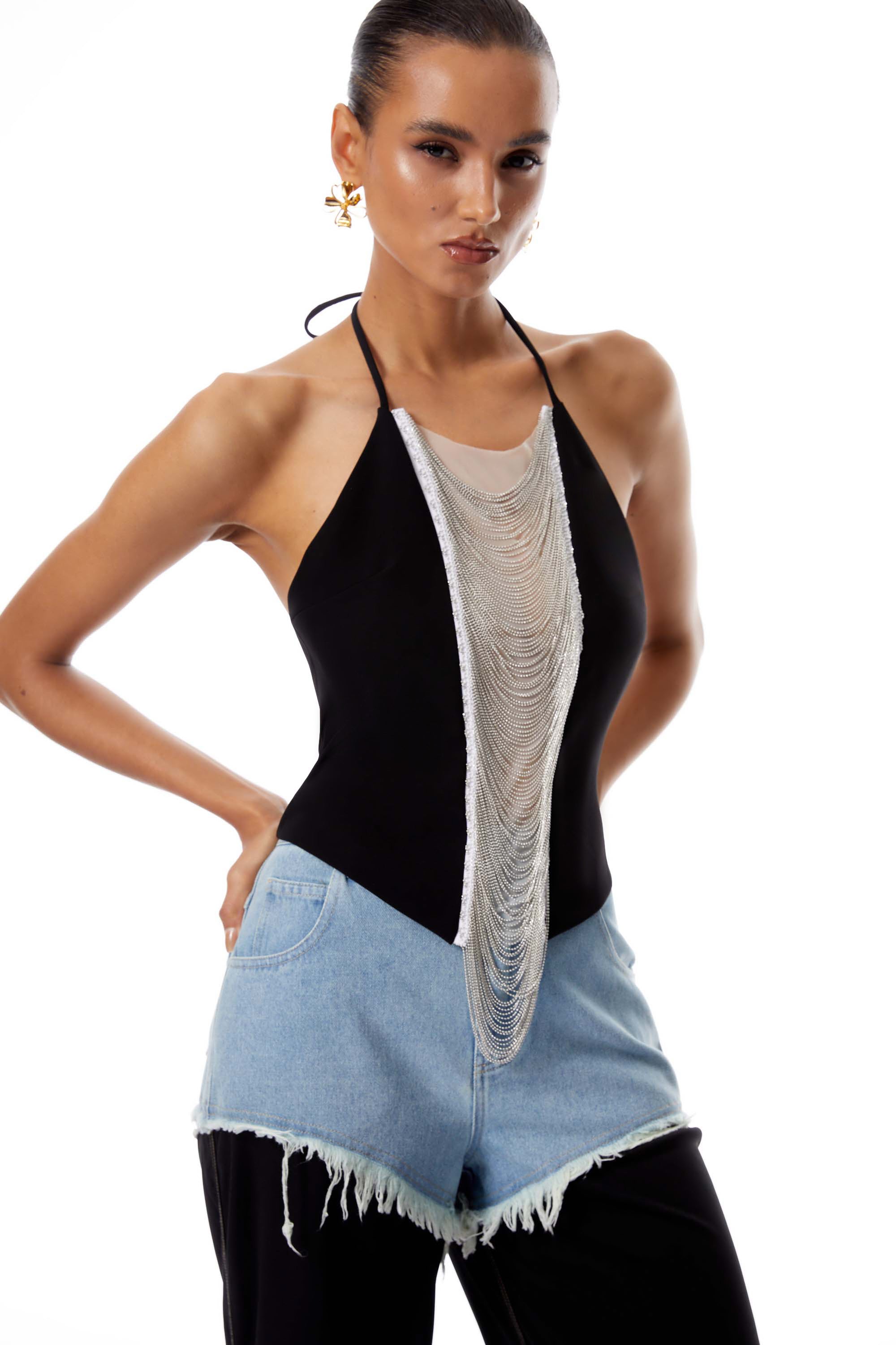 Carla Schwarzes Neckholder-Crop-Top mit Fransen