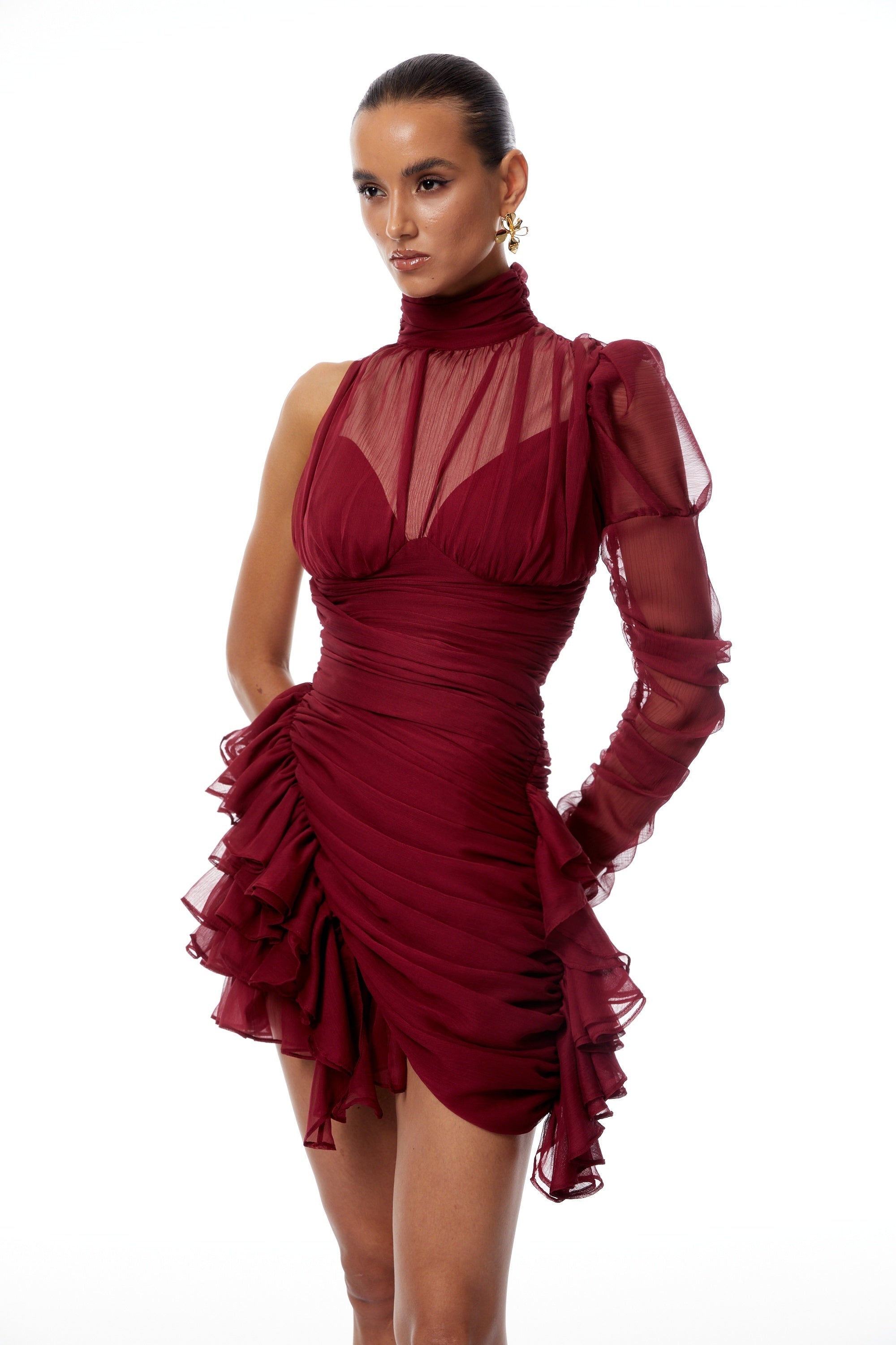 Burgundy Asymmetrical Ruffled Tulle Mini Dress