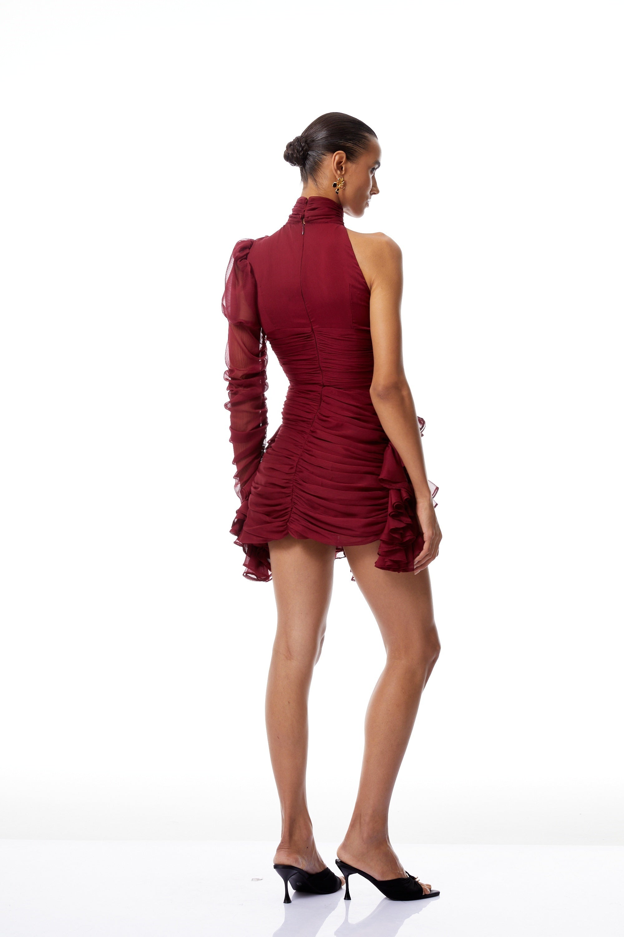 Éléna Burgundy Asymmetrical Ruffled Tulle Mini Dress