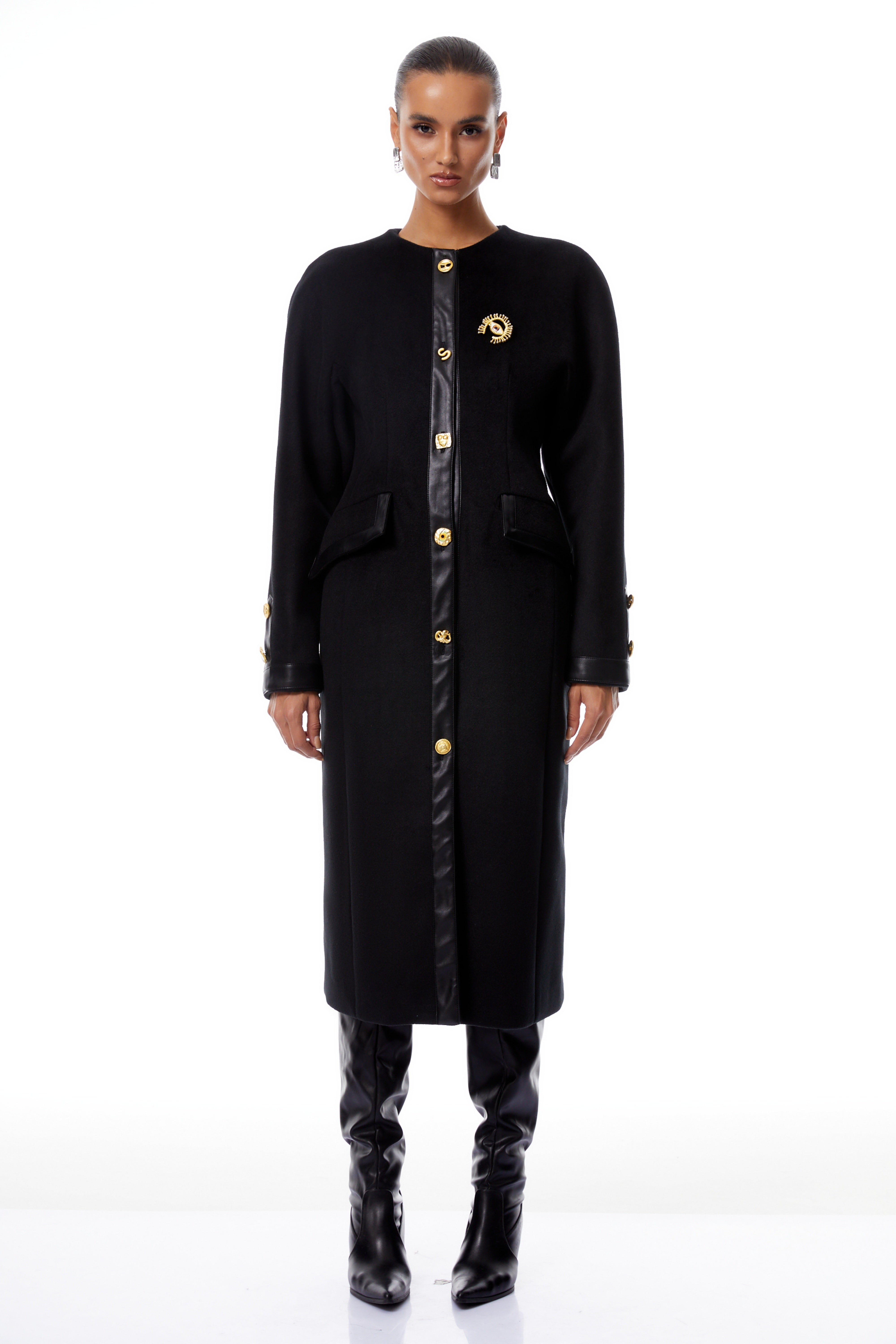 Stefania Schwarzer Tweed-Mantel mit Zierknöpfen