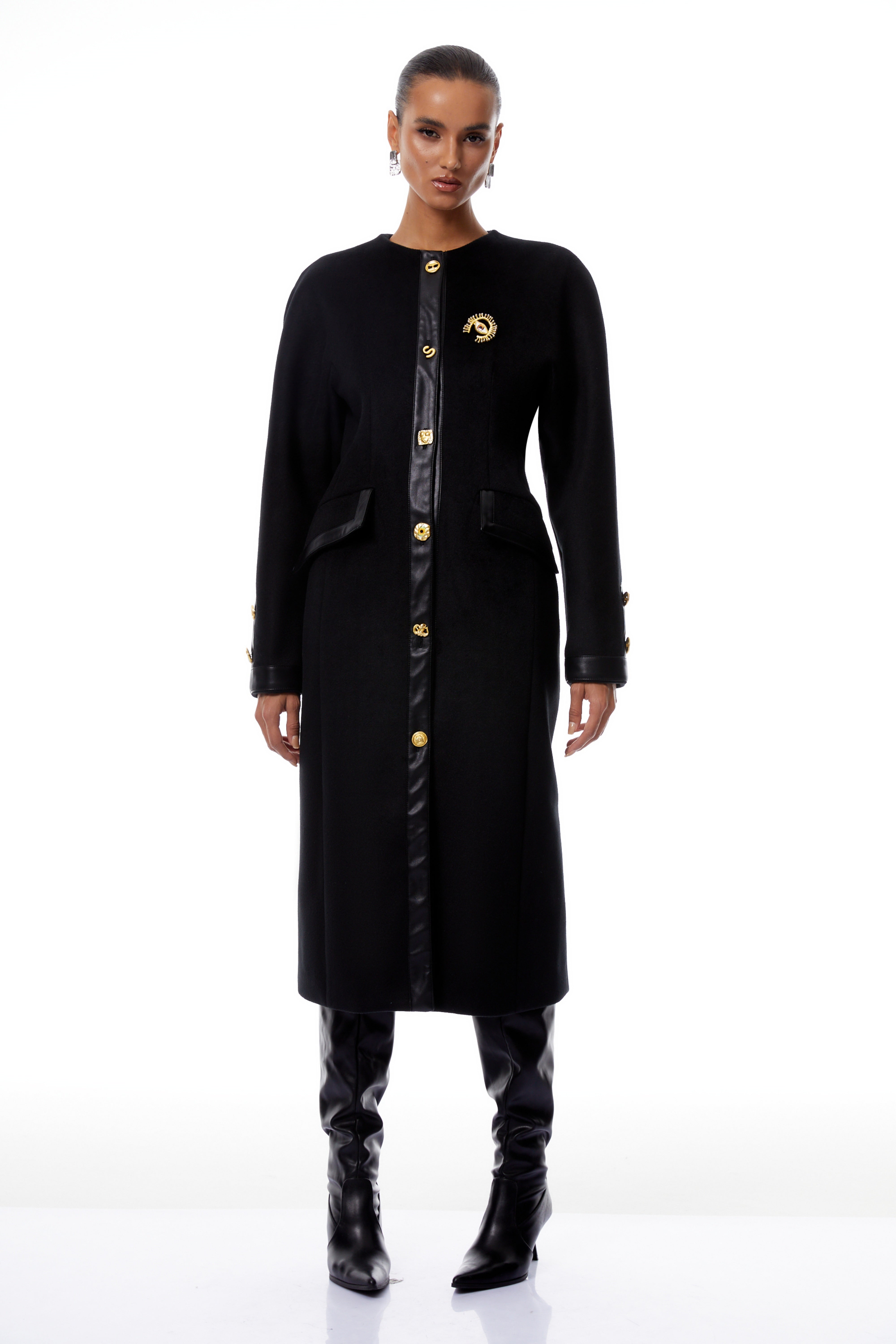 Stefania Schwarzer Tweed-Mantel mit Zierknöpfen