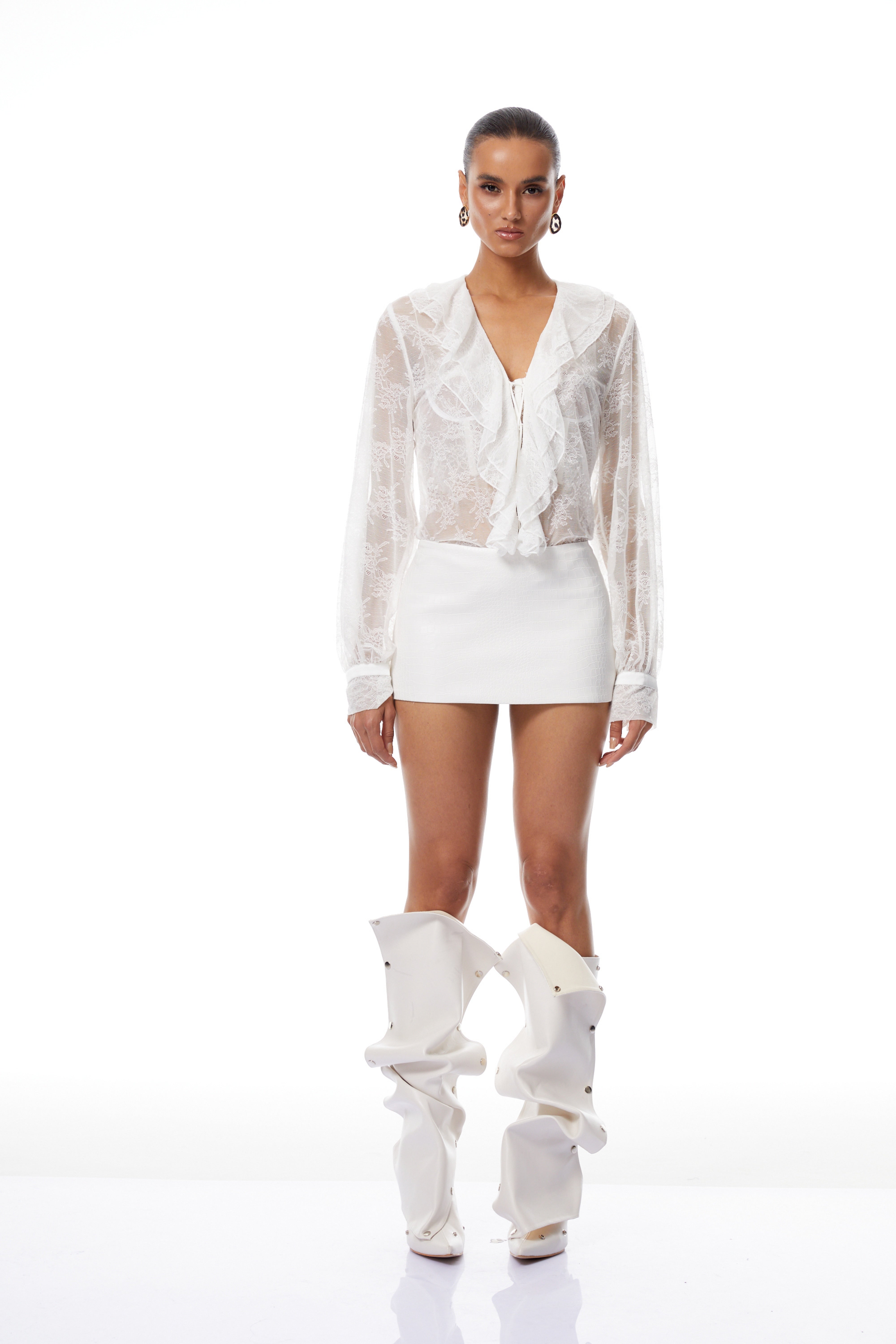 Vanessa White Floral Lace Blouse & Leather Skirt Set