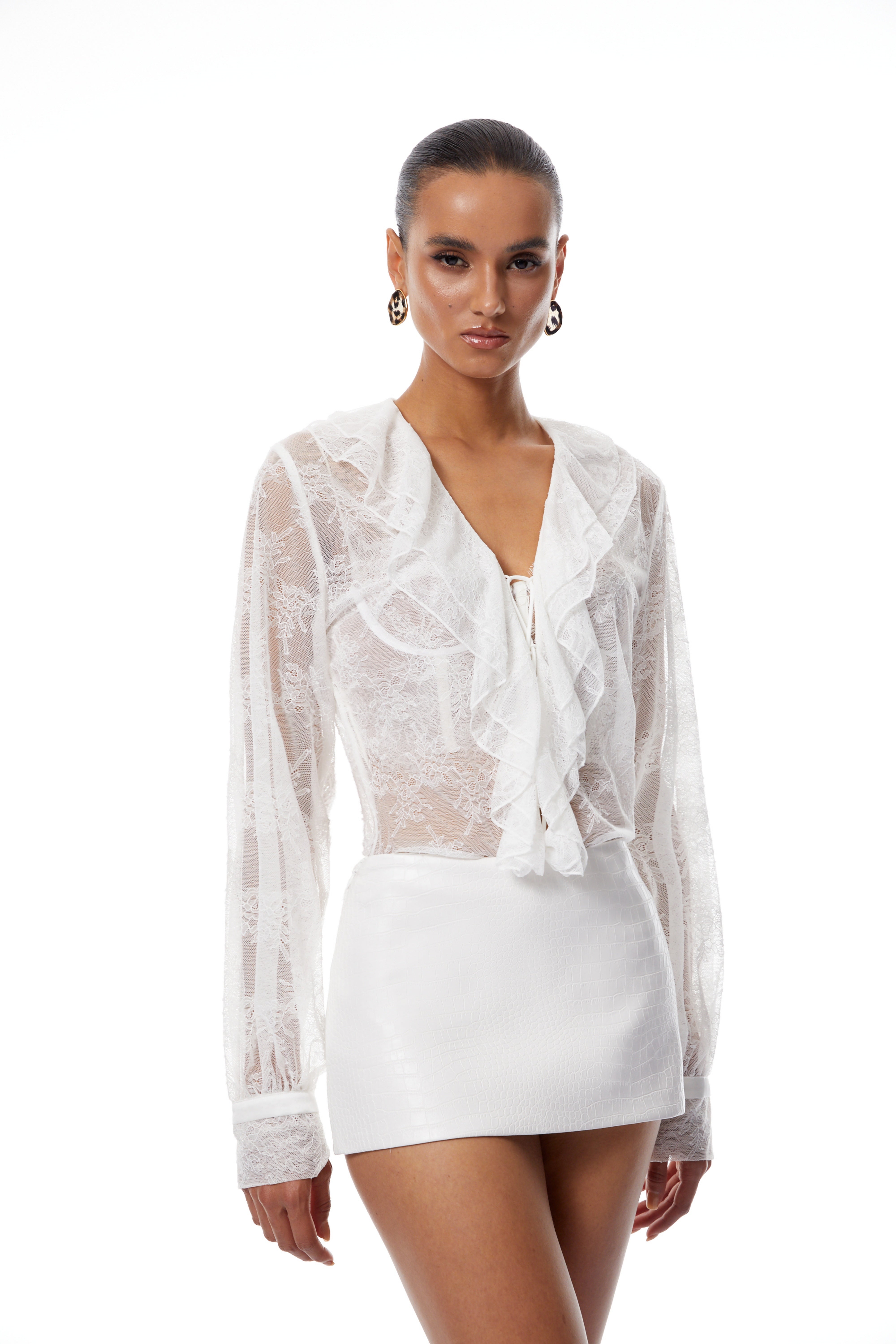 Vanessa White Floral Lace Blouse & Leather Skirt Set