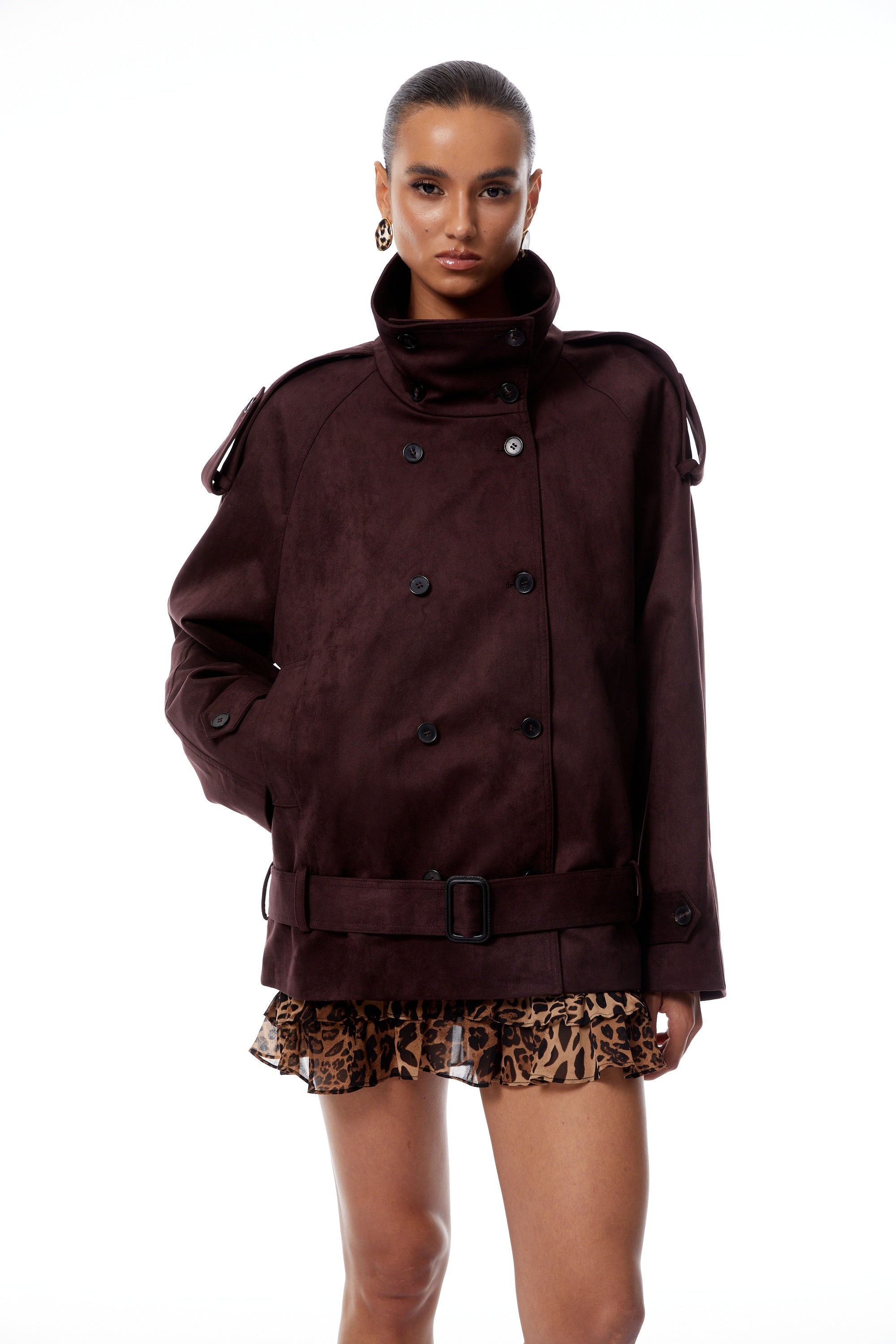 Flavia burgunderroter Trenchcoat aus Wildleder mit Gürtel