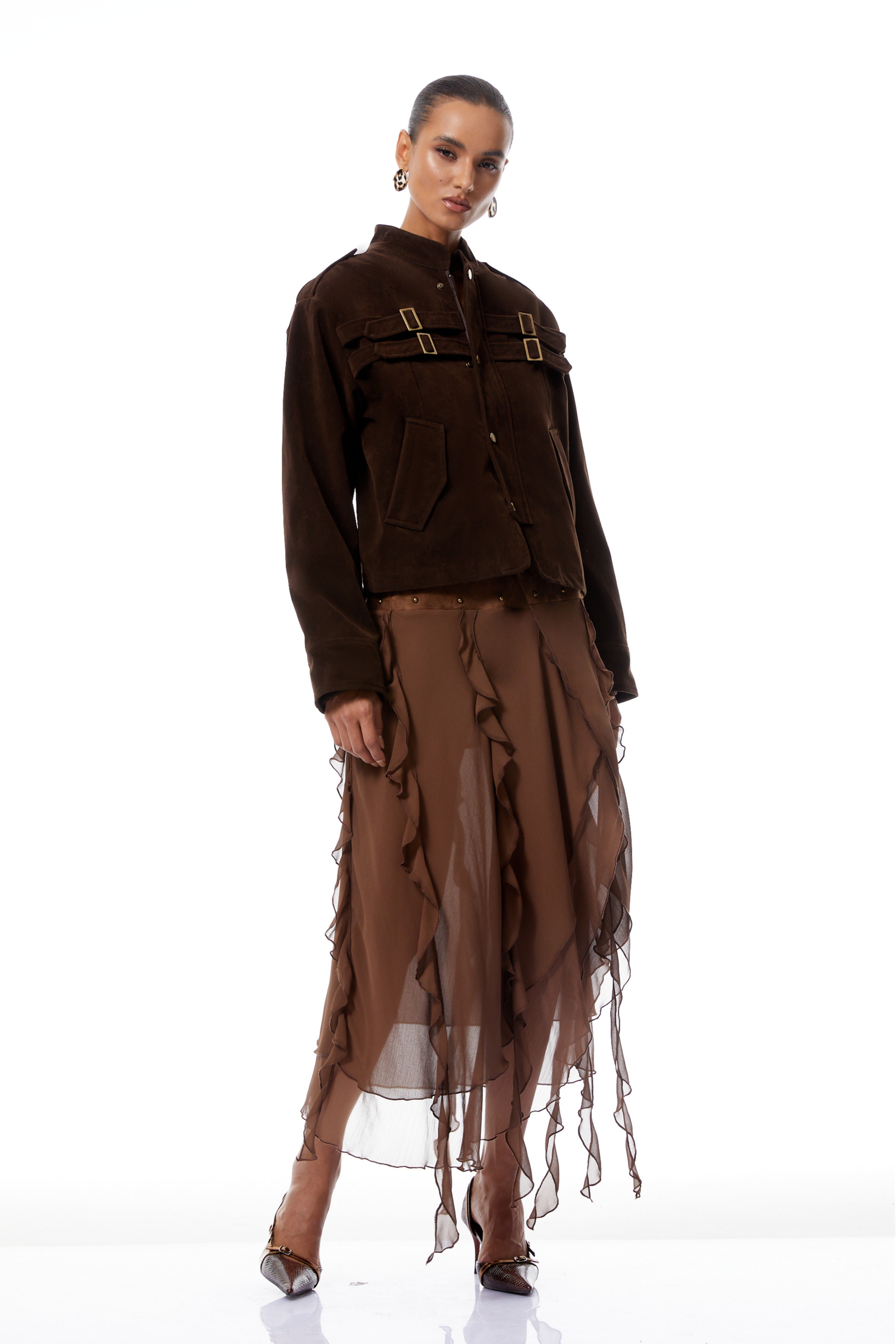 جاكيت مادلين بني من جلد الغزال مع مشبك