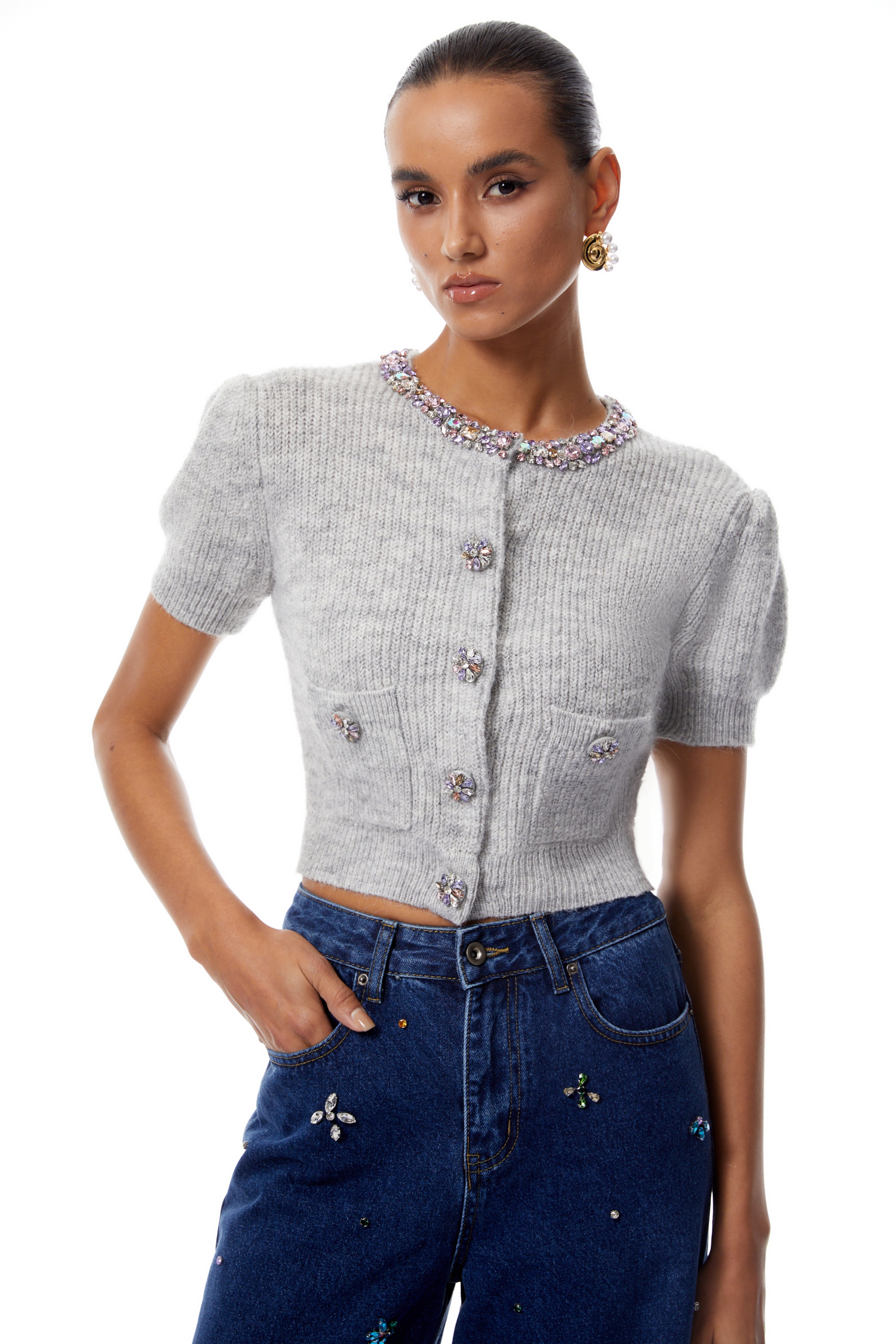 Camille Grey Verziertes Rippstrick-Crop-Top