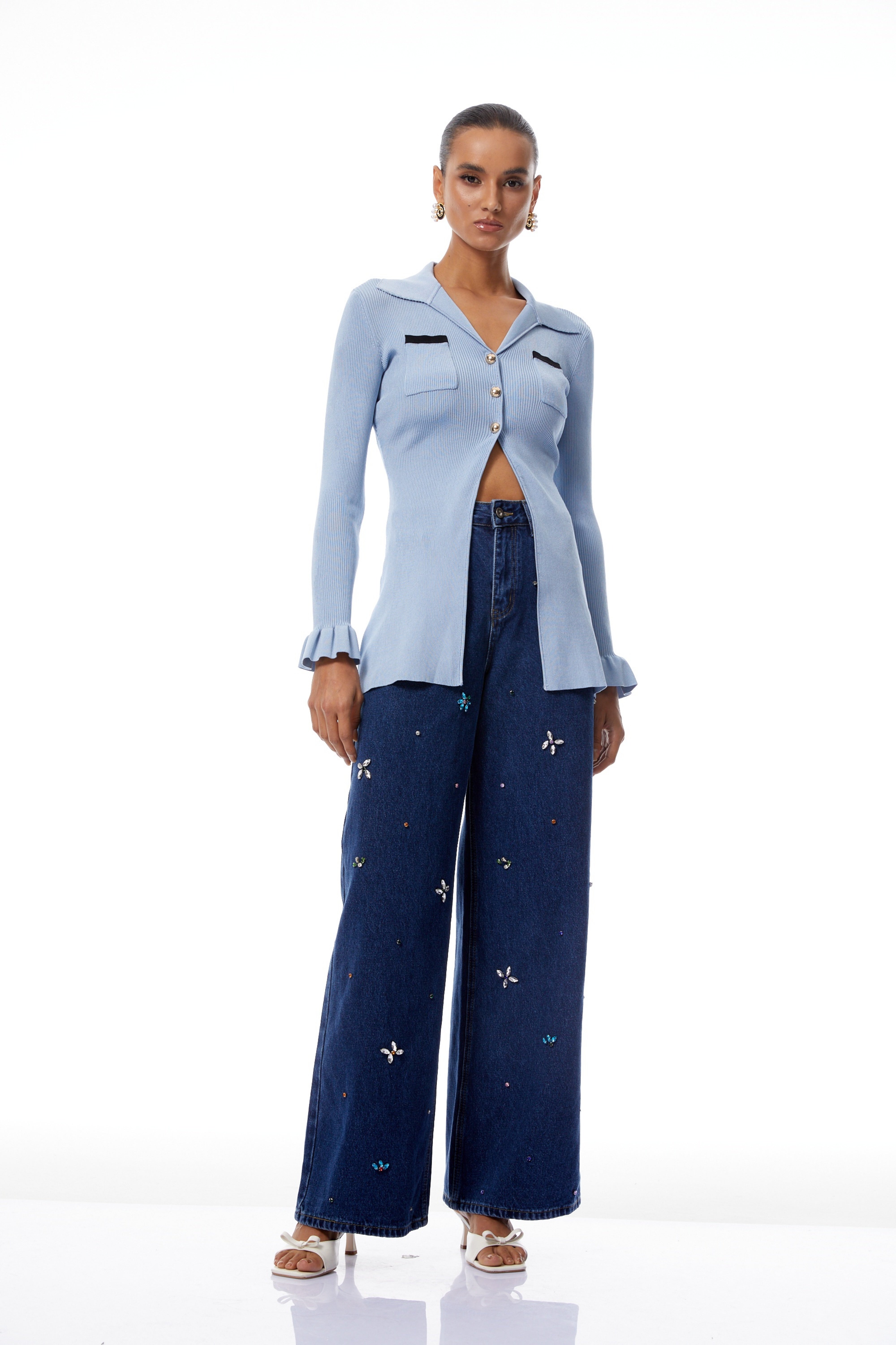 كارديجان محبوك مضلع بفتحة زرقاء من اليشم