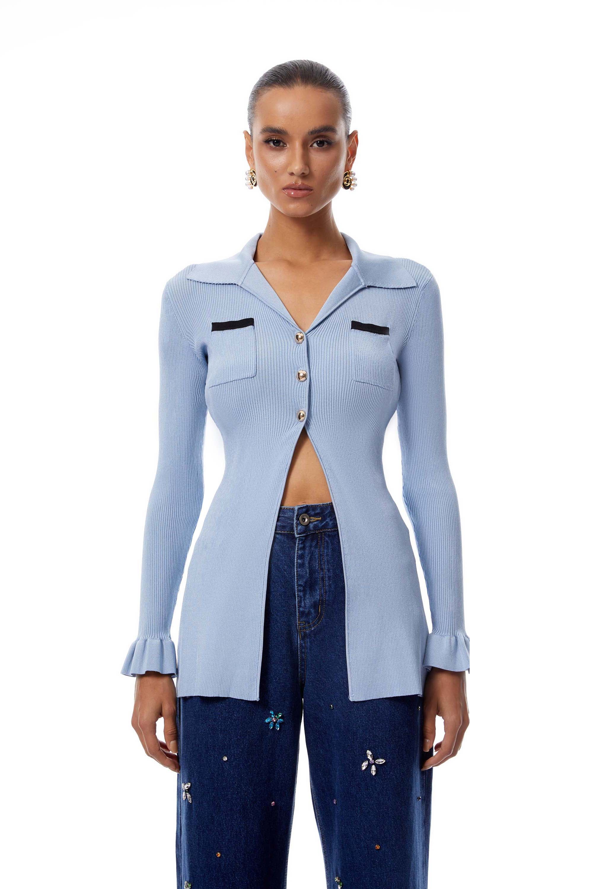 كارديجان محبوك مضلع بفتحة زرقاء من اليشم