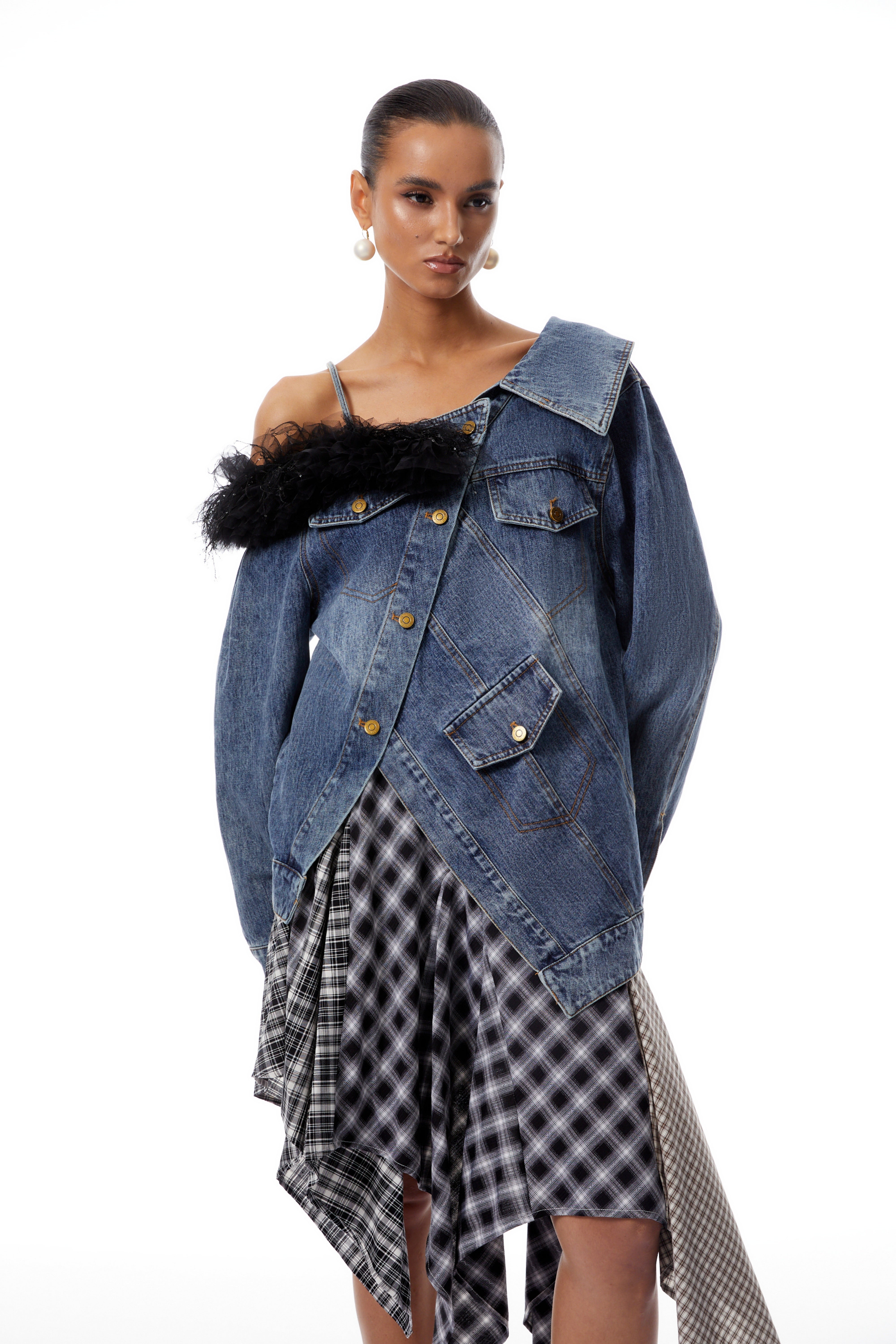 Candela Blue Tulle Panel Asymmetrical Denim Jacket