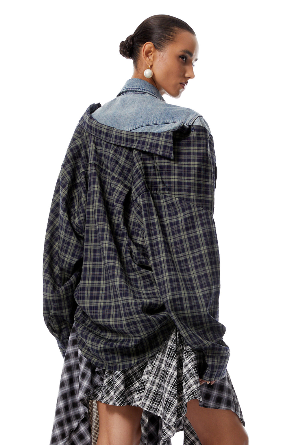 Marina Blue Deconstructed Denim Shirt with Plaid Panels