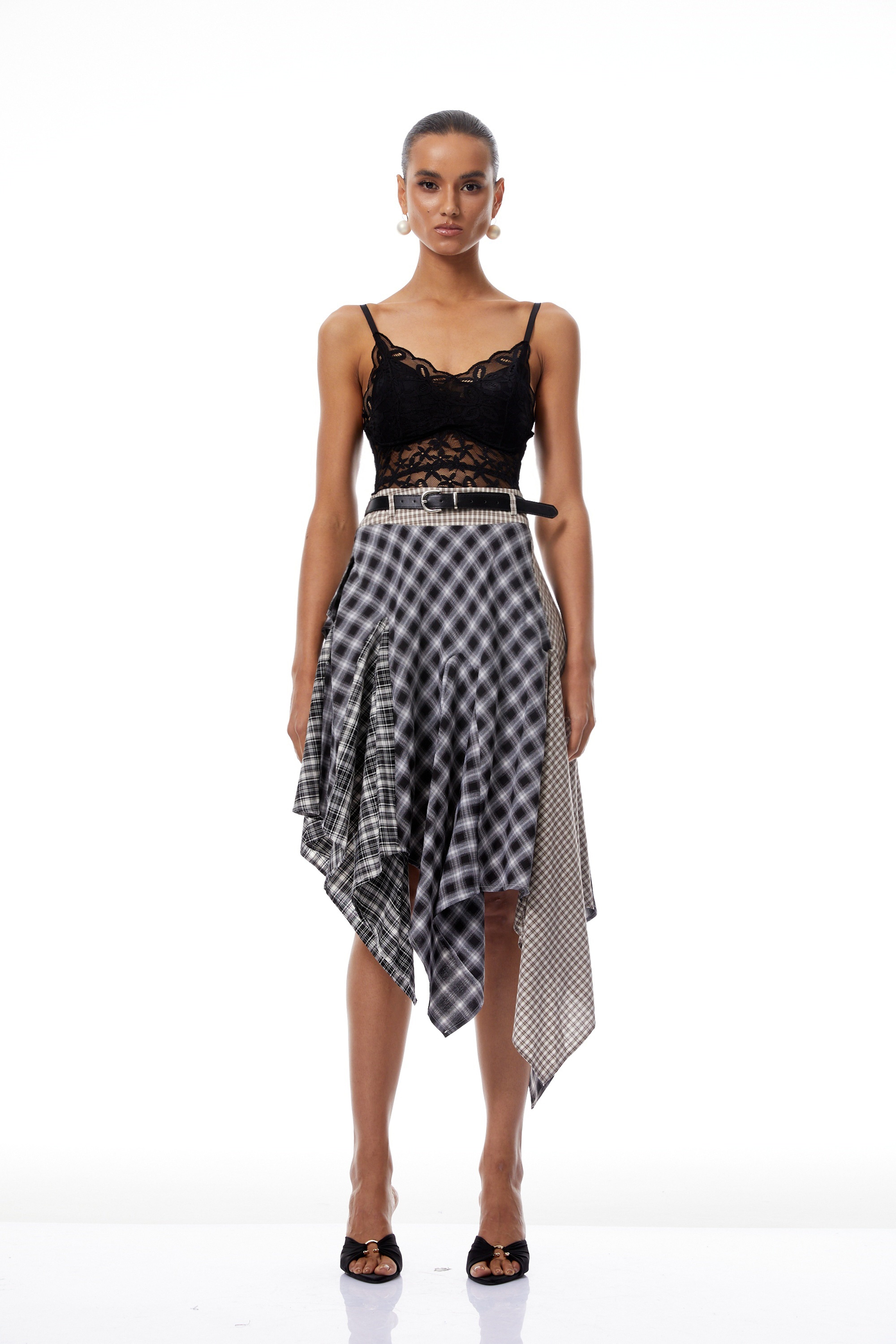 Laia Black Asymmetrical Checked Patchwork Midi Skirt