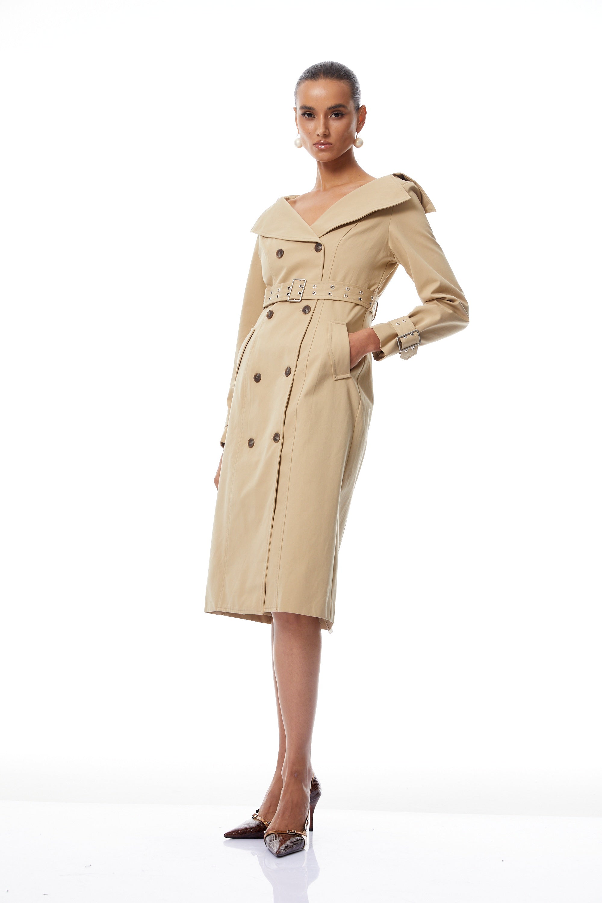 Eufrosina Khaki Double-Breasted Trench Dress