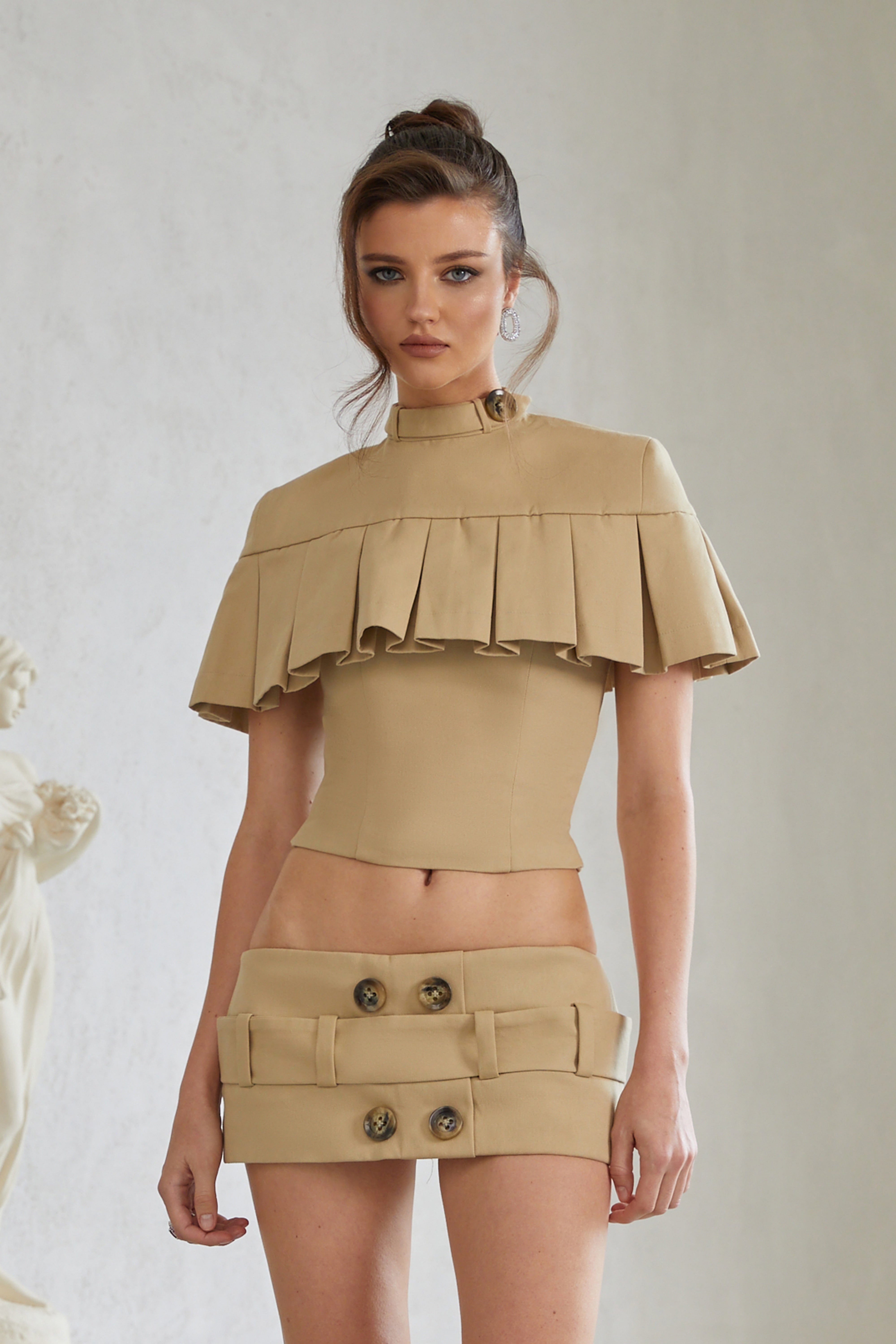 Antonella Khaki Pleated Cape Top & Pencil Skirt Set (Final Sale)