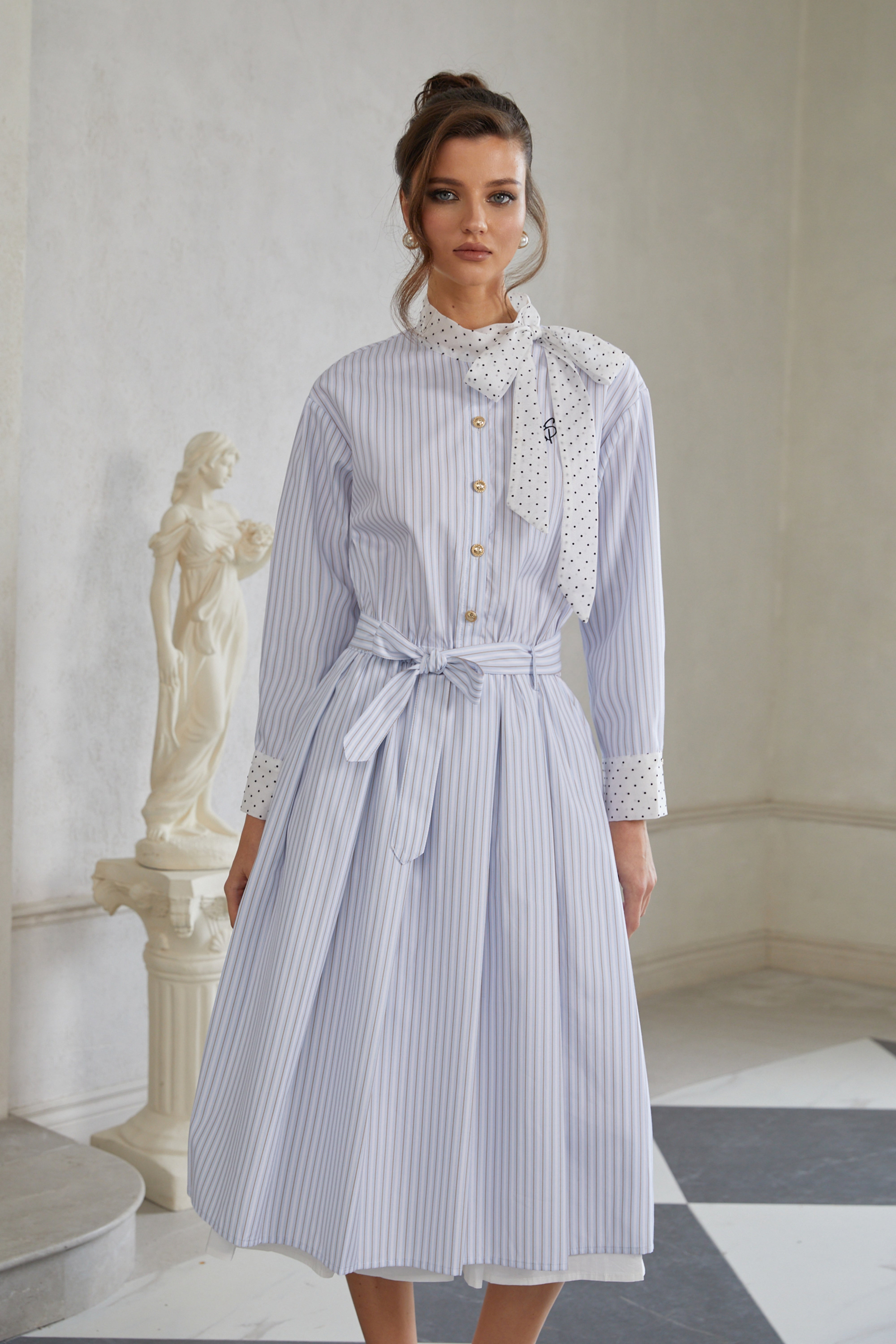 Poppy Blue Self-Tie Striped Midi Shirt Dress