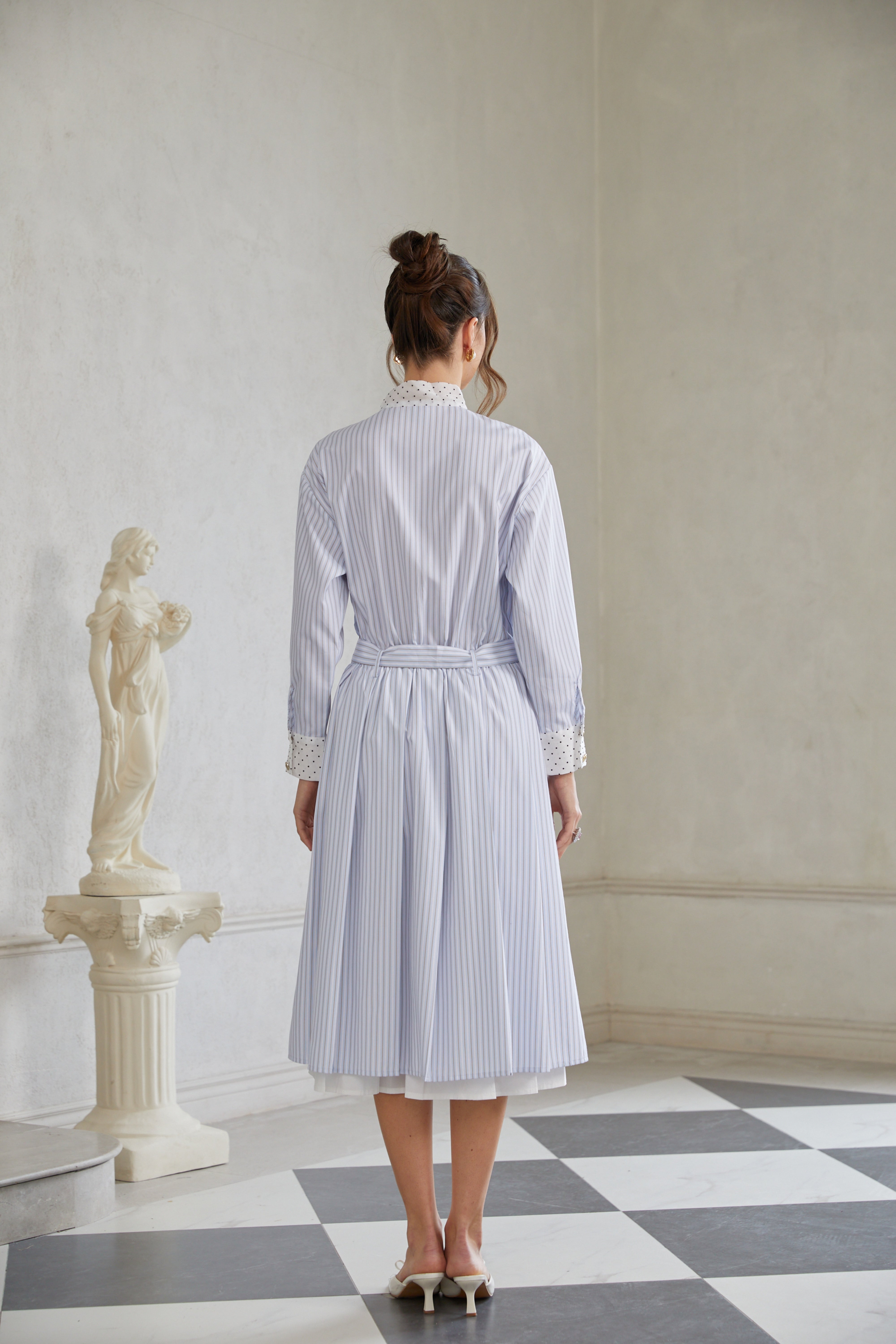 Poppy Blue Self-Tie Striped Midi Shirt Dress