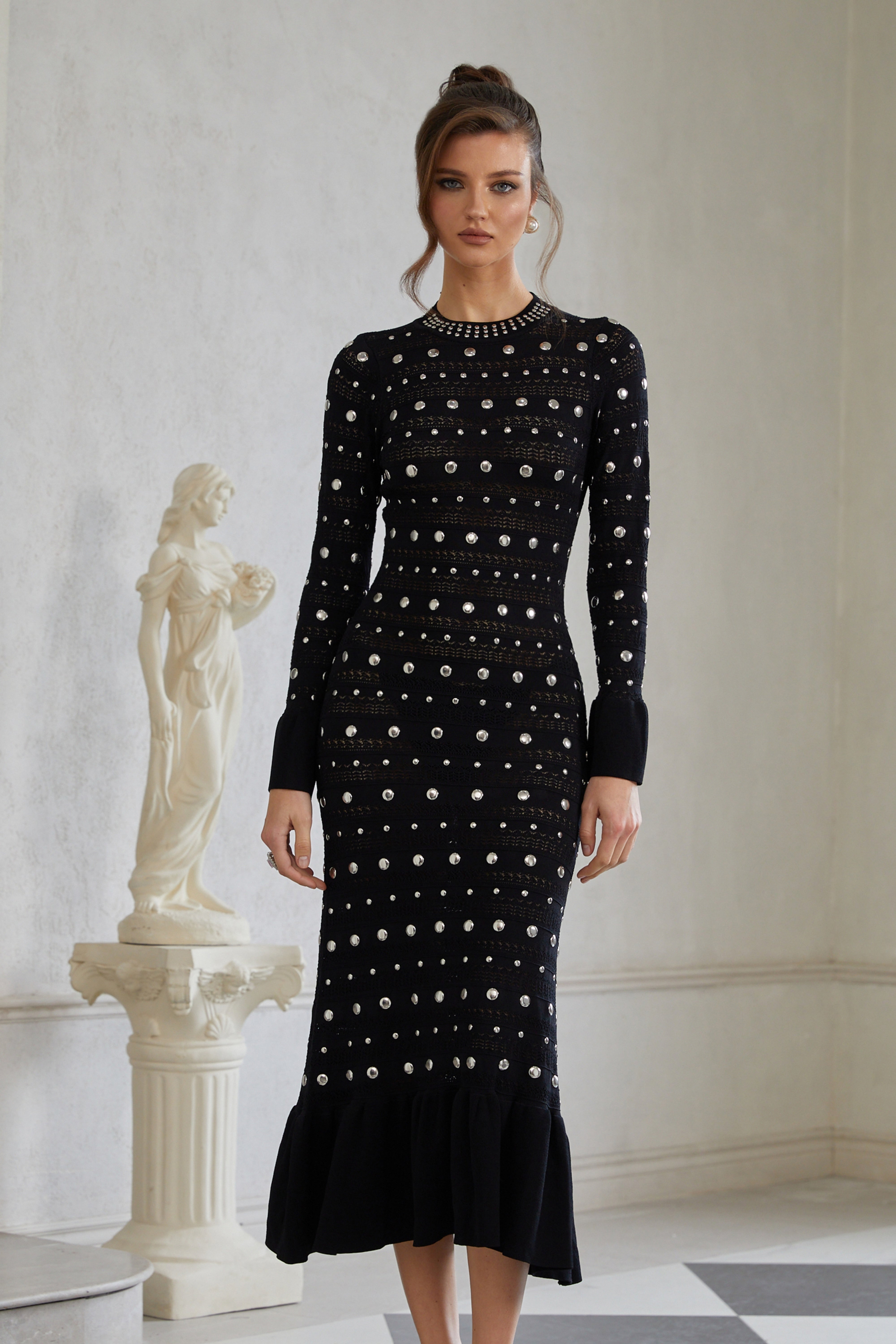 Chloé Black Long Sleeve Studded Crochet Knit Midi dress