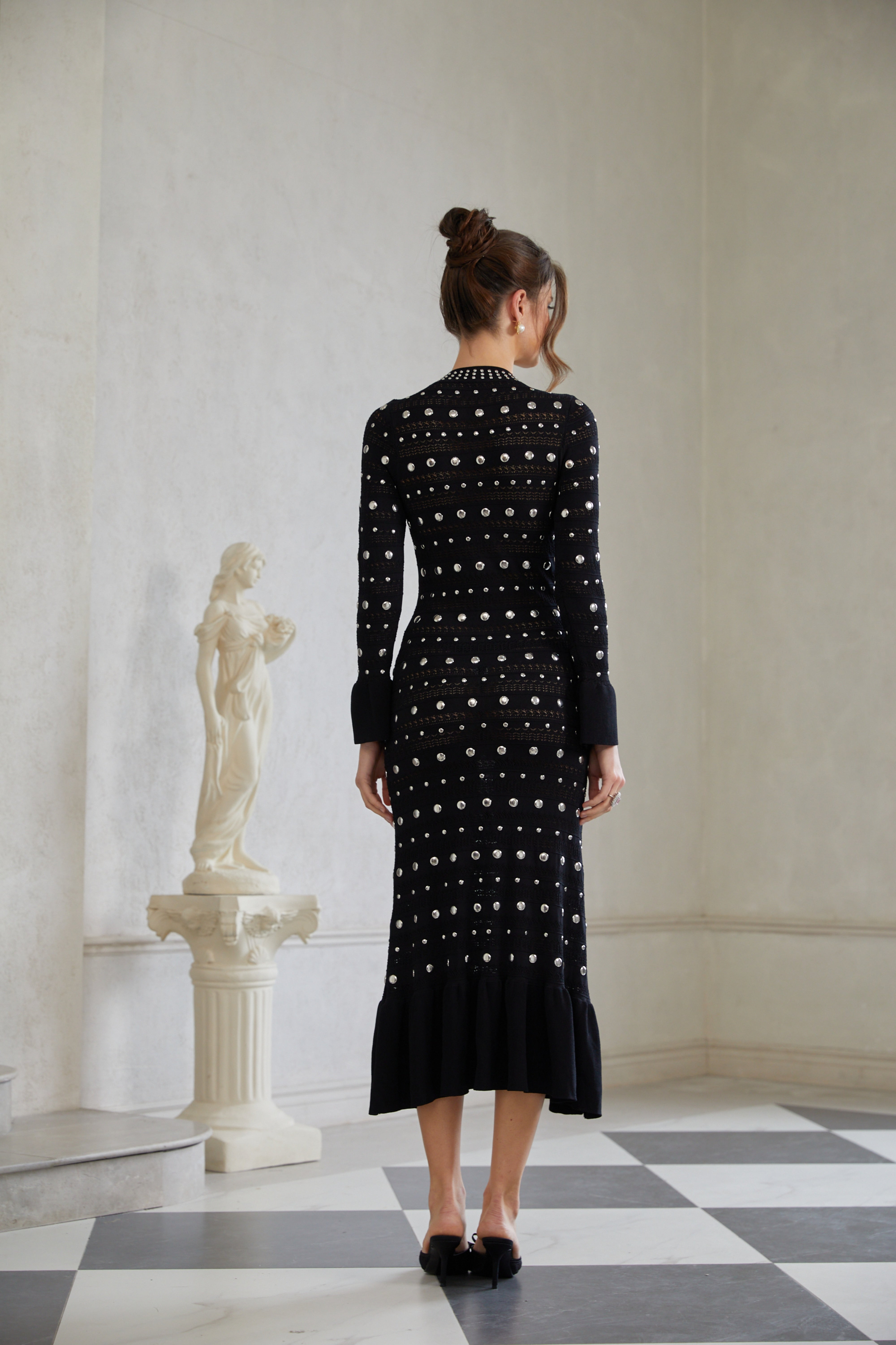 Chloé Black Long Sleeve Studded Crochet Knit Midi dress