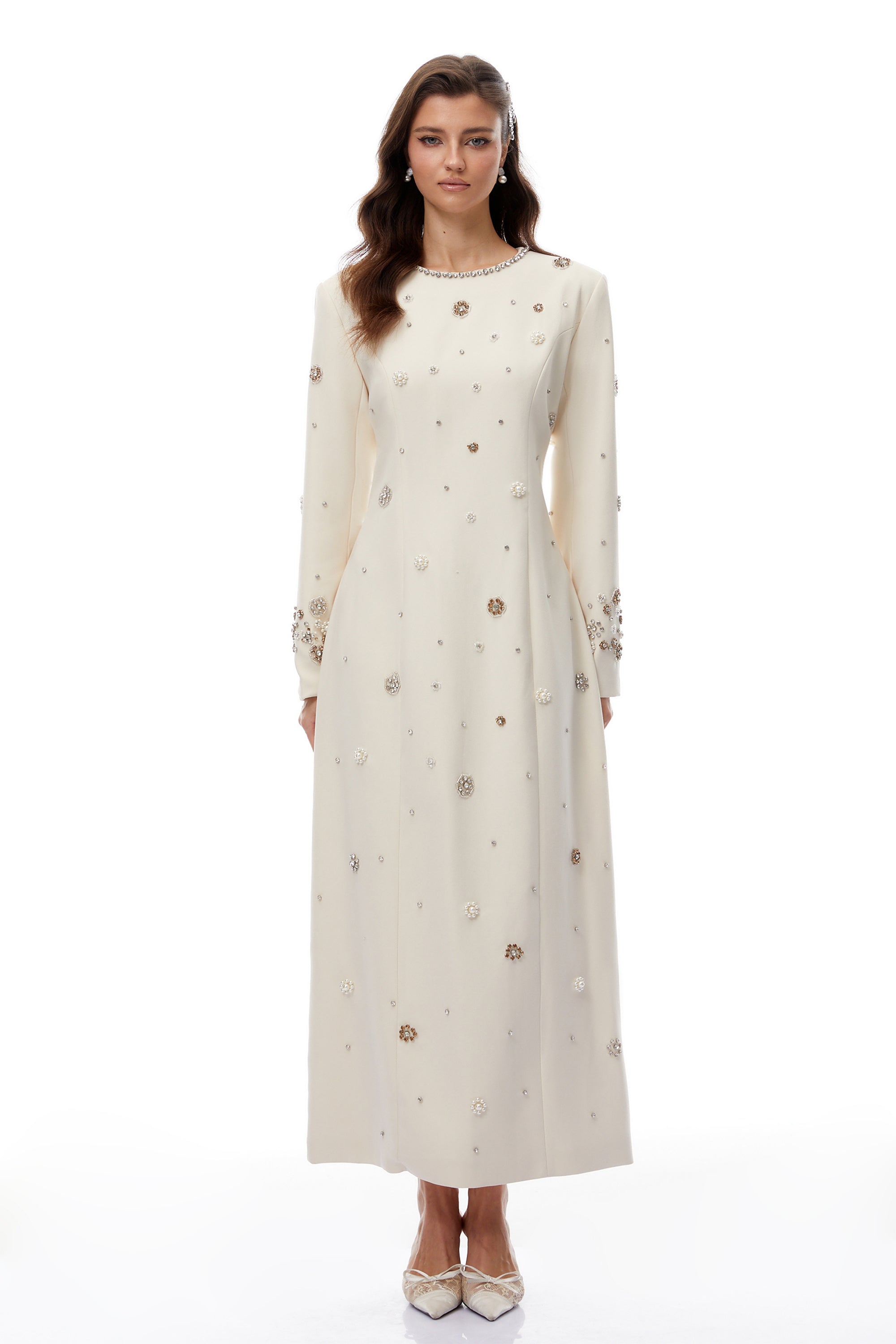 Peyton Cream White Fully Embellished Maxi Dress