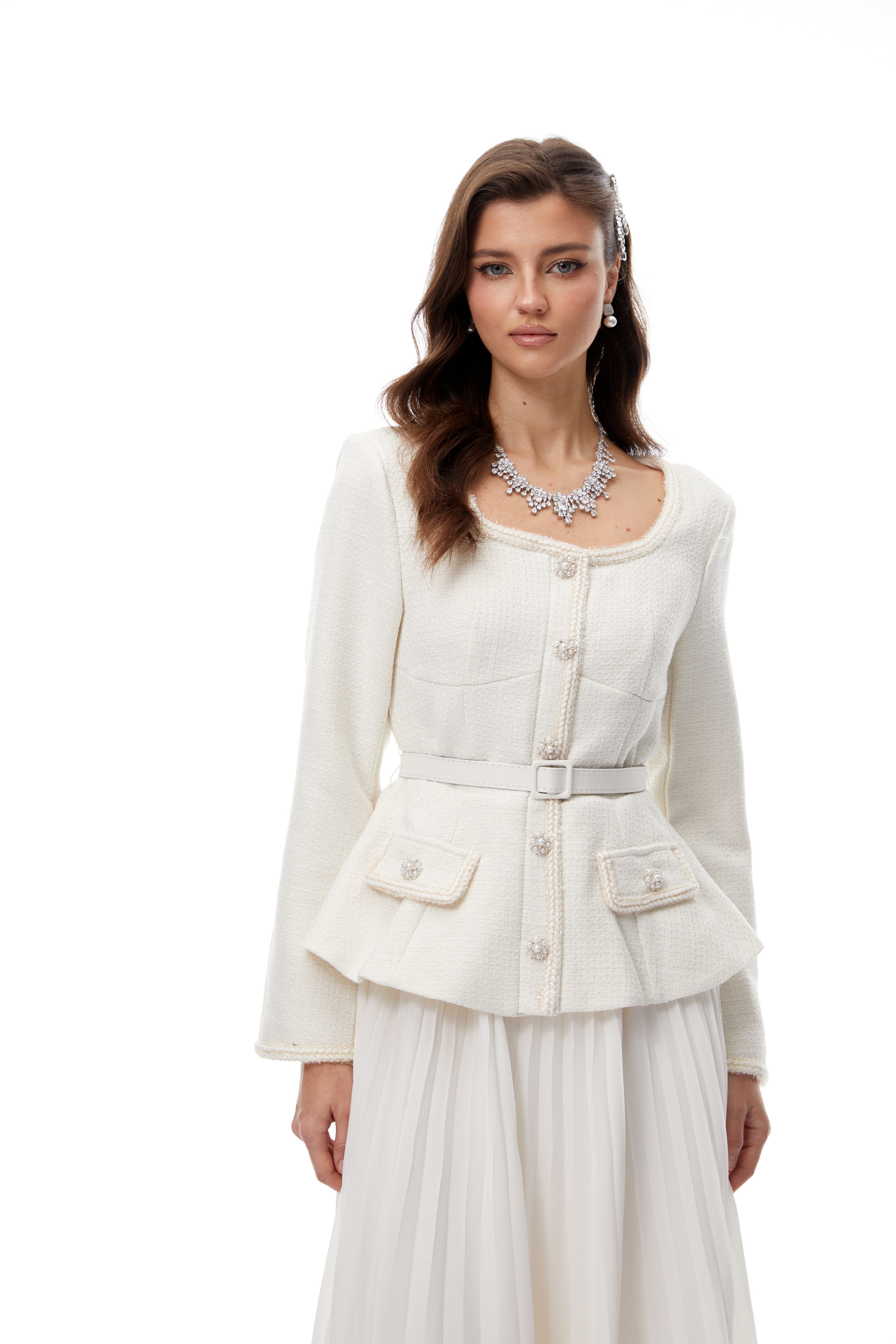 Iver Weißes Tweed-Midikleid mit Spitzeneinsatz