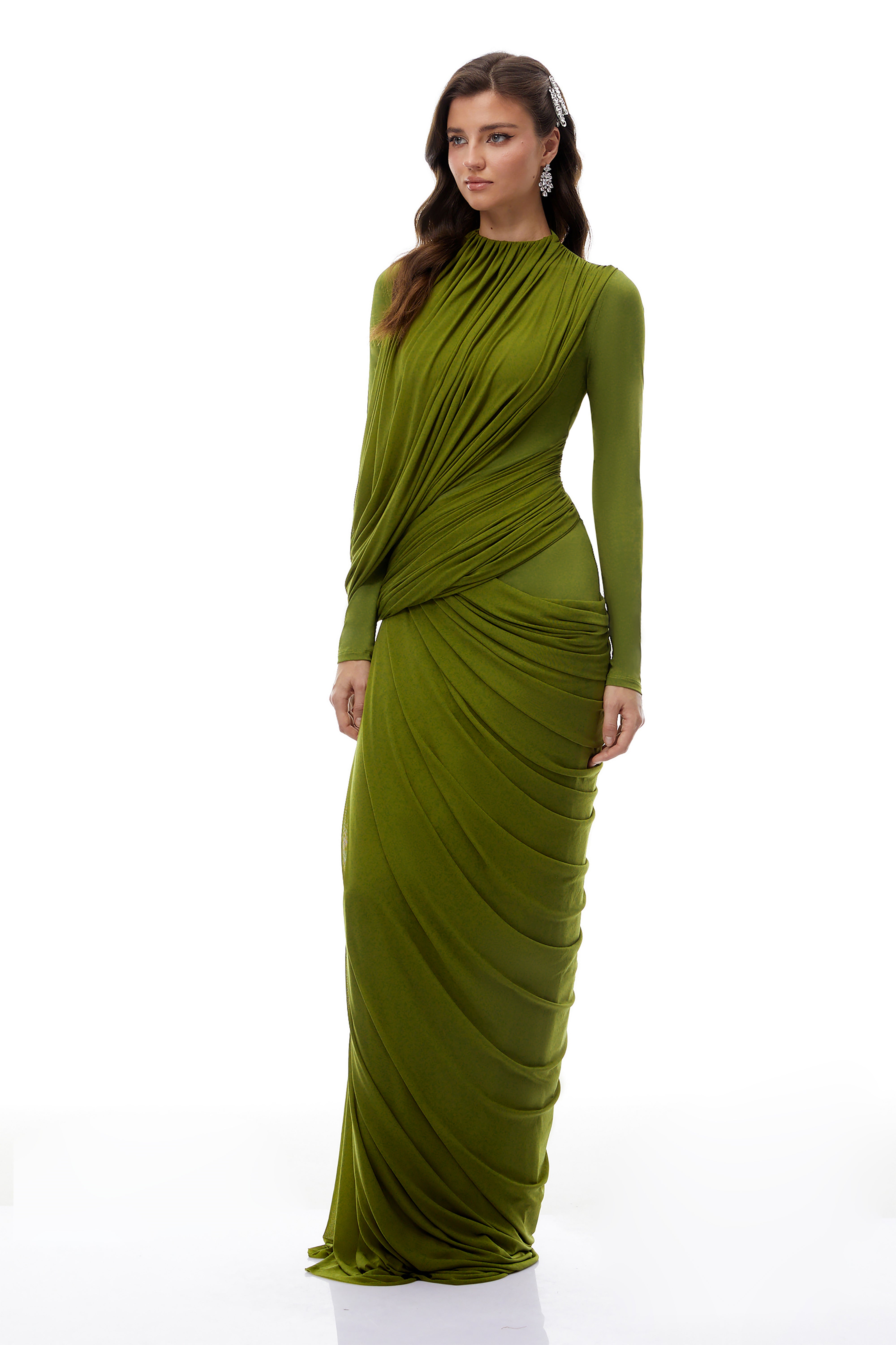 Arlette Green Asymmetrical Ruched Maxi Dress